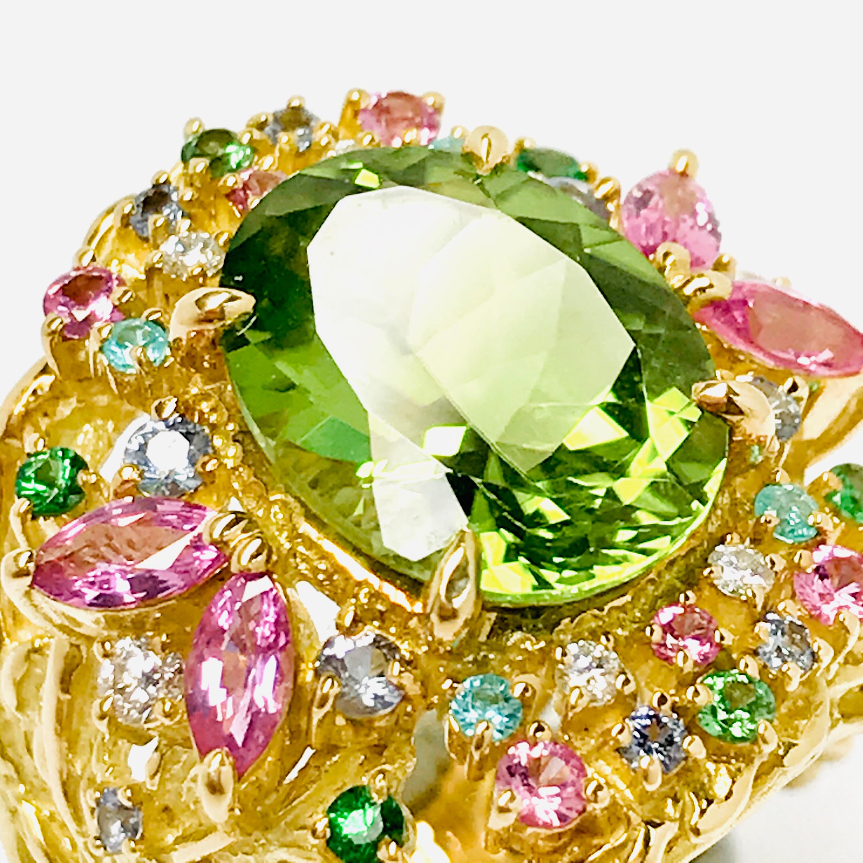 Matsuzaki 18K Gold 5.34ct Oval Peridot Paraiba Pink Sapphire Garnet Diamond Ring For Sale 9
