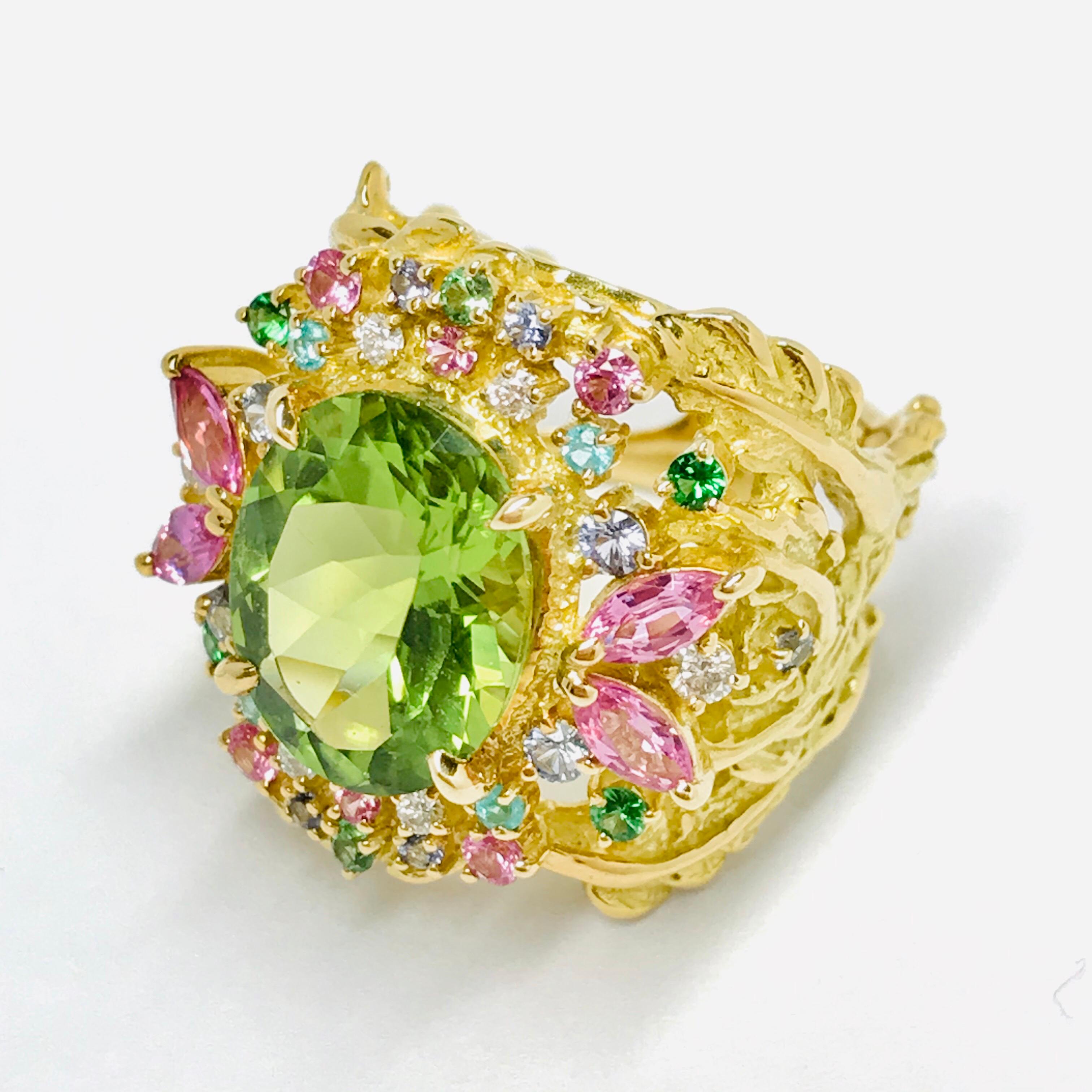 Matsuzaki 18K Gold 5.34ct Oval Peridot Paraiba Pink Sapphire Garnet Diamond Ring For Sale 10