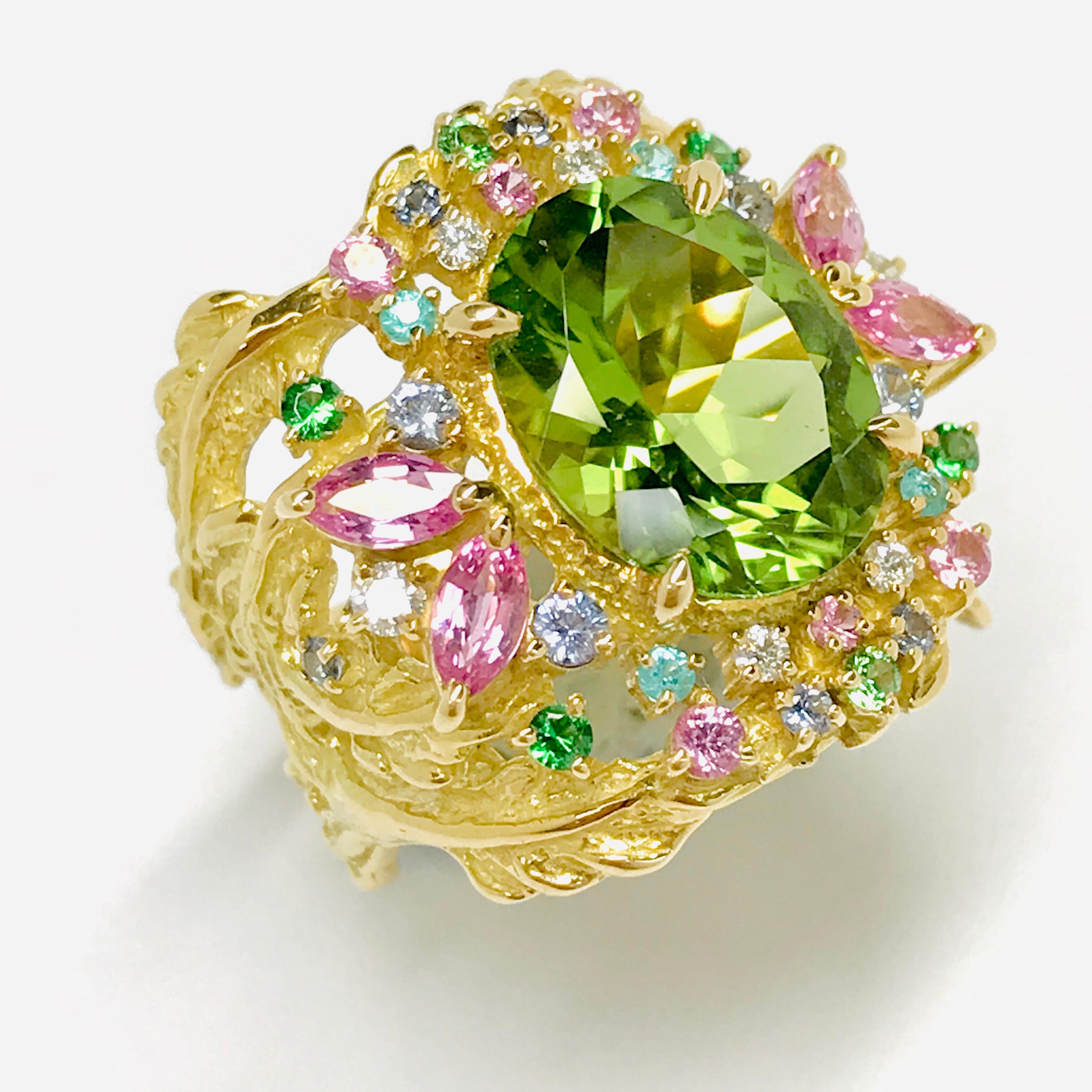 Oval Cut Matsuzaki 18K Gold 5.34ct Oval Peridot Paraiba Pink Sapphire Garnet Diamond Ring For Sale