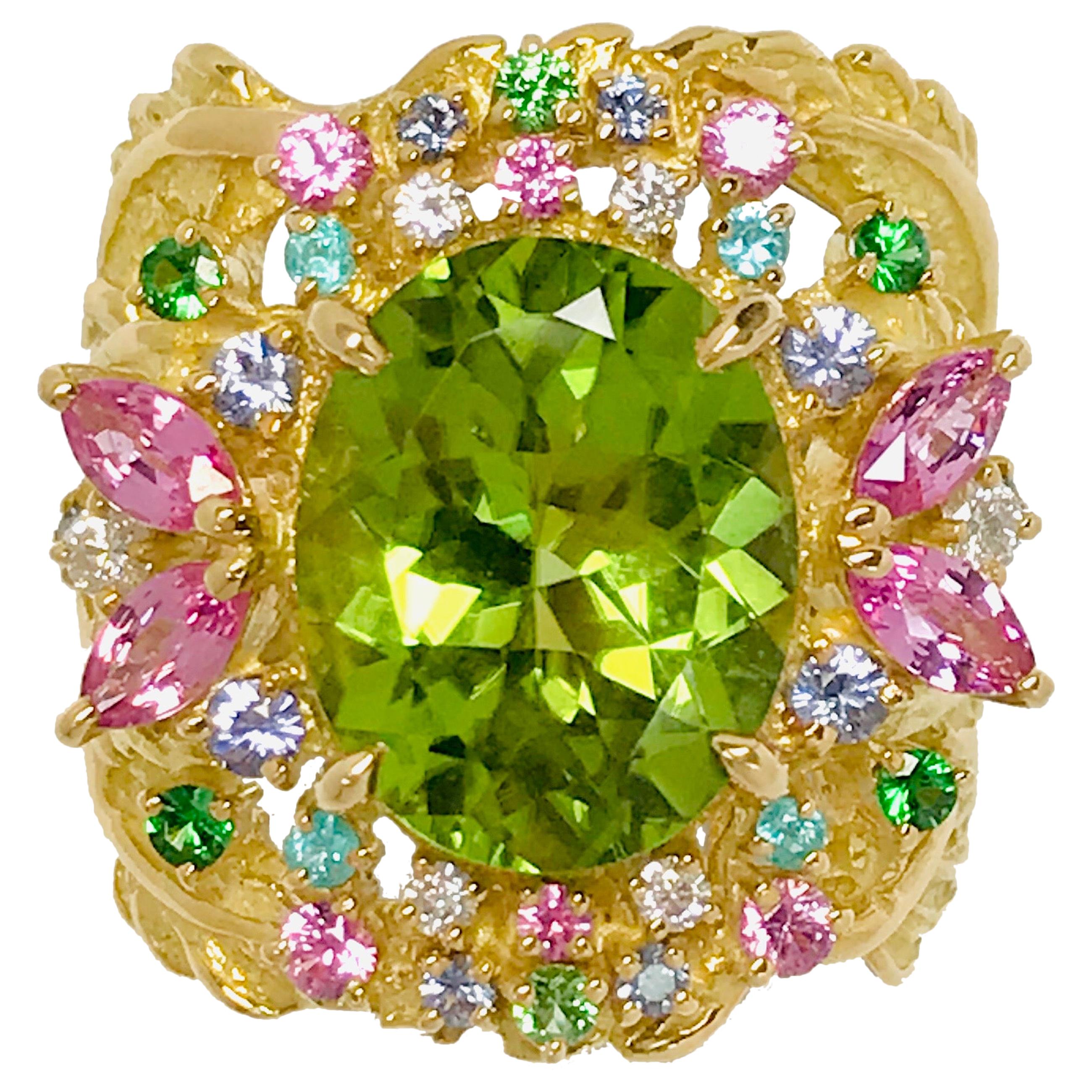 Matsuzaki 18K Gold 5.34ct Oval Peridot Paraiba Pink Sapphire Garnet Diamond Ring For Sale
