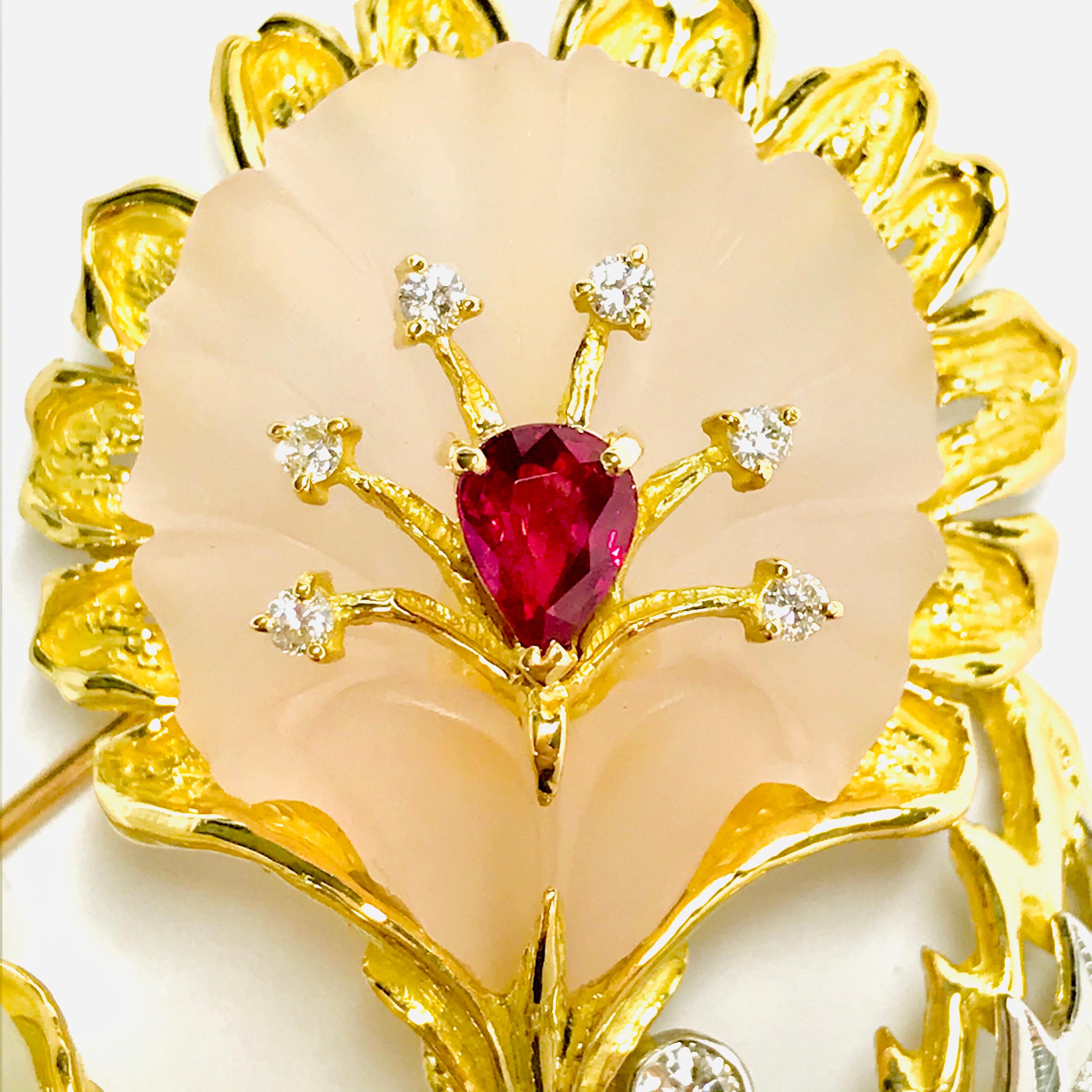 Matsuzaki 18 Karat Gold Platinum Frosted Quartz Ruby Diamond Flower Brooch For Sale 4