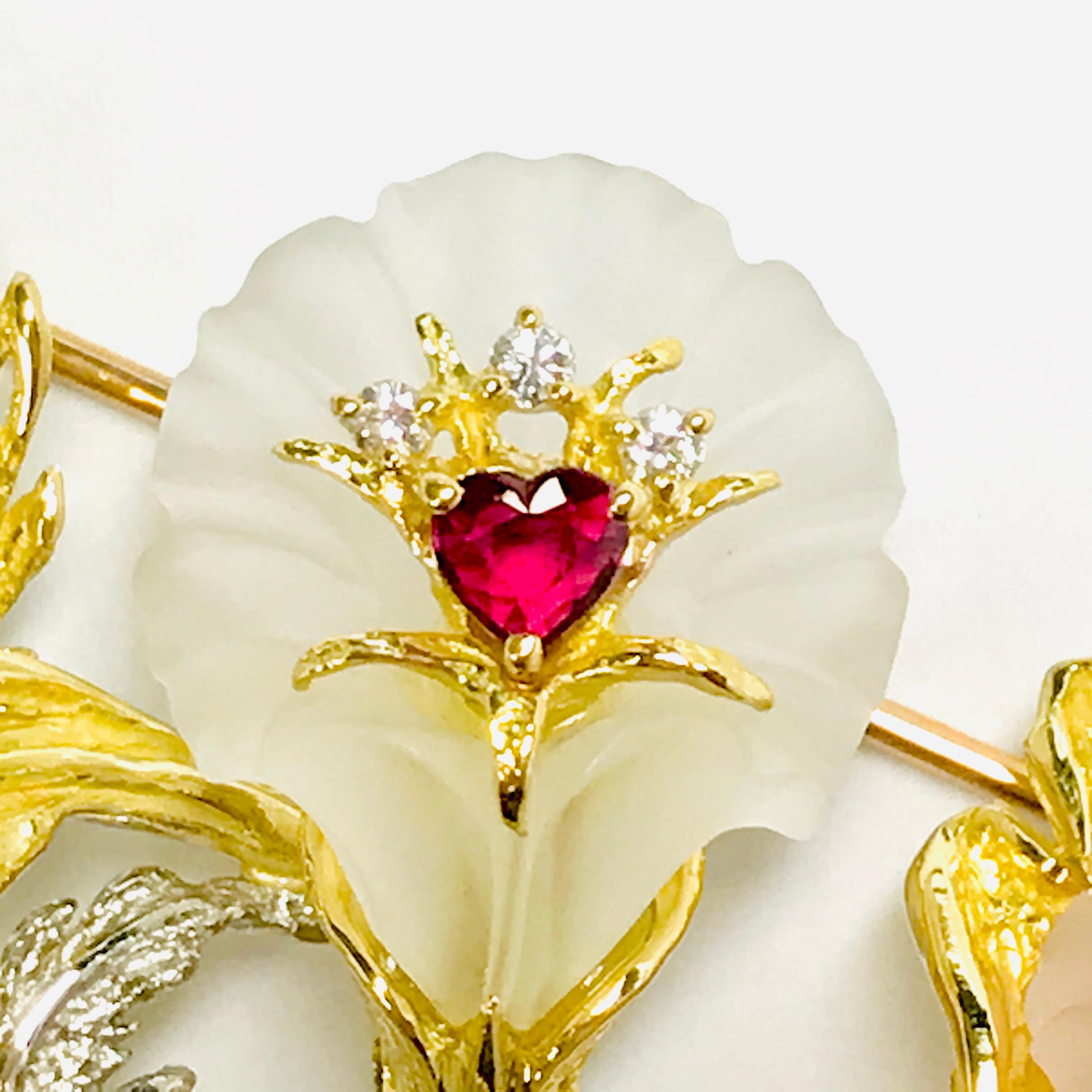 Matsuzaki 18 Karat Gold Platinum Frosted Quartz Ruby Diamond Flower Brooch For Sale 5