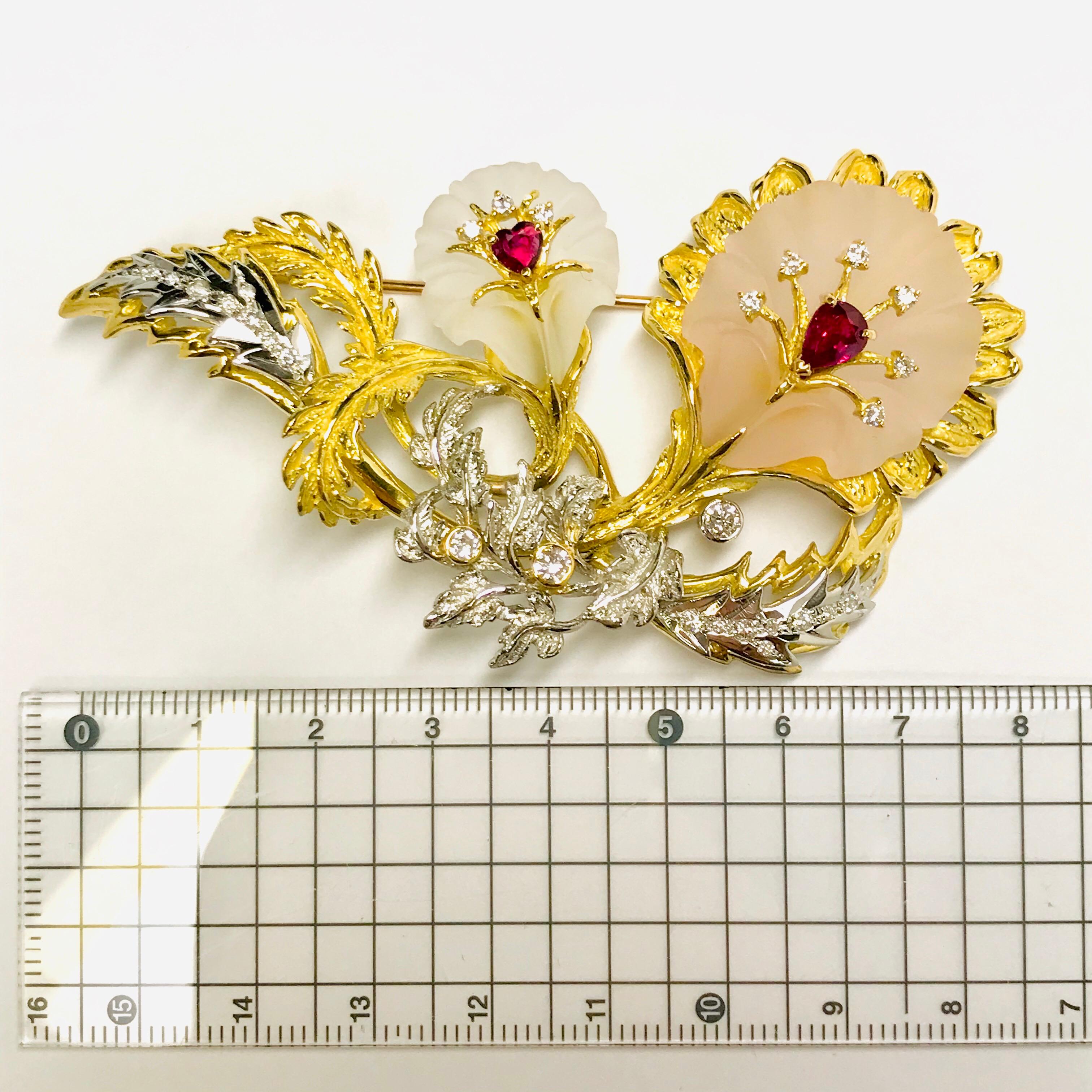Matsuzaki 18 Karat Gold Platinum Frosted Quartz Ruby Diamond Flower Brooch For Sale 7