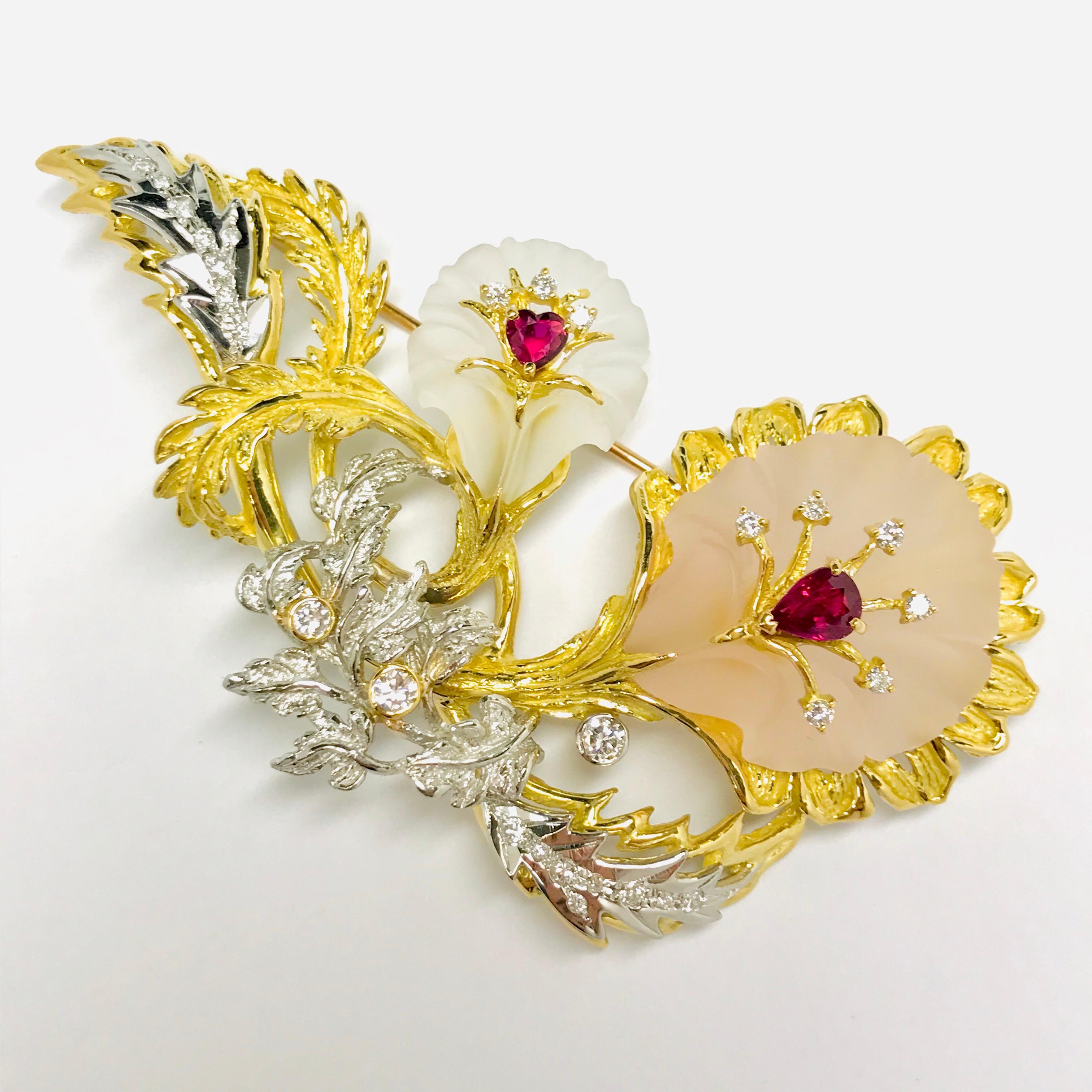 Matsuzaki 18 Karat Gold Platinum Frosted Quartz Ruby Diamond Flower Brooch For Sale 11