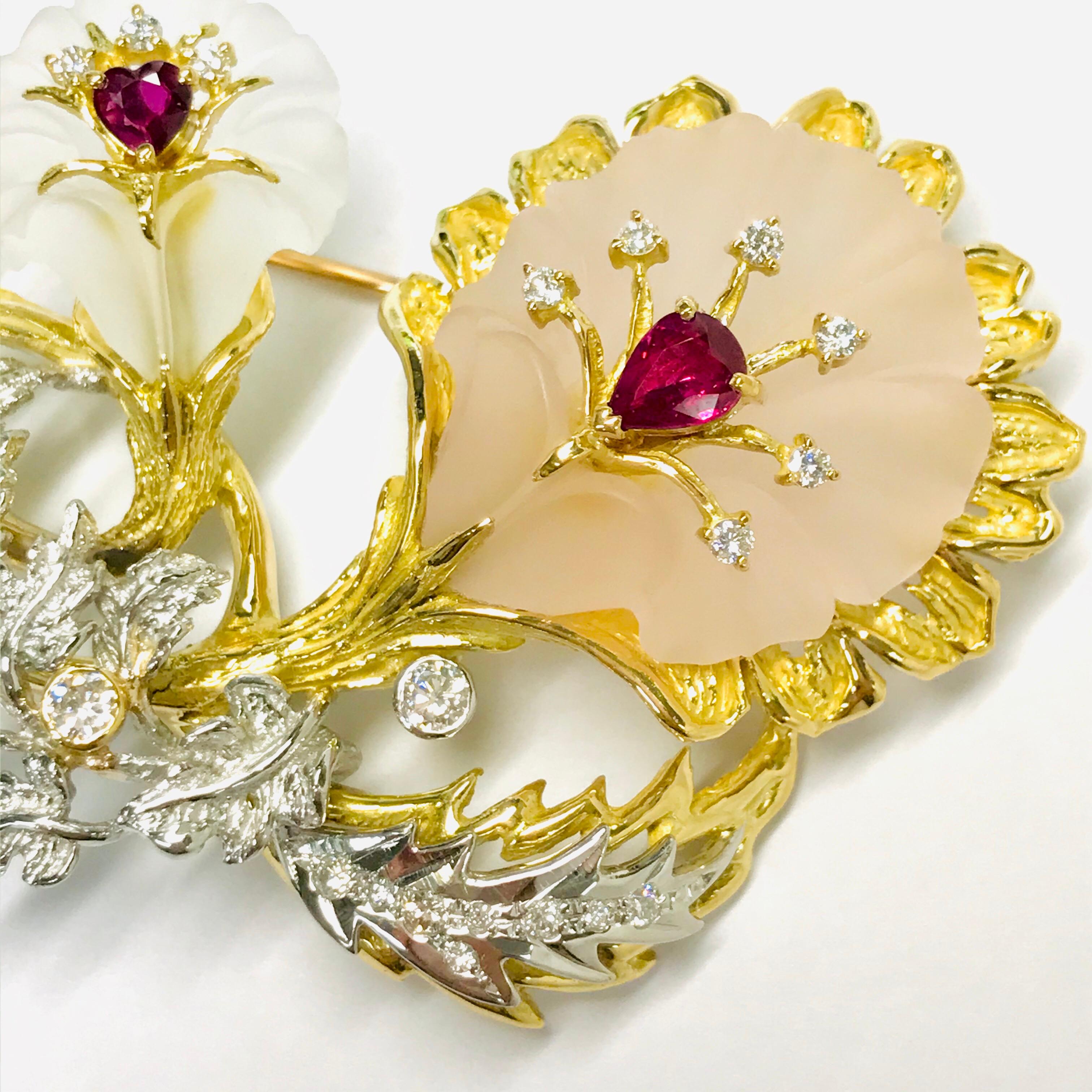 Artist Matsuzaki 18 Karat Gold Platinum Frosted Quartz Ruby Diamond Flower Brooch For Sale