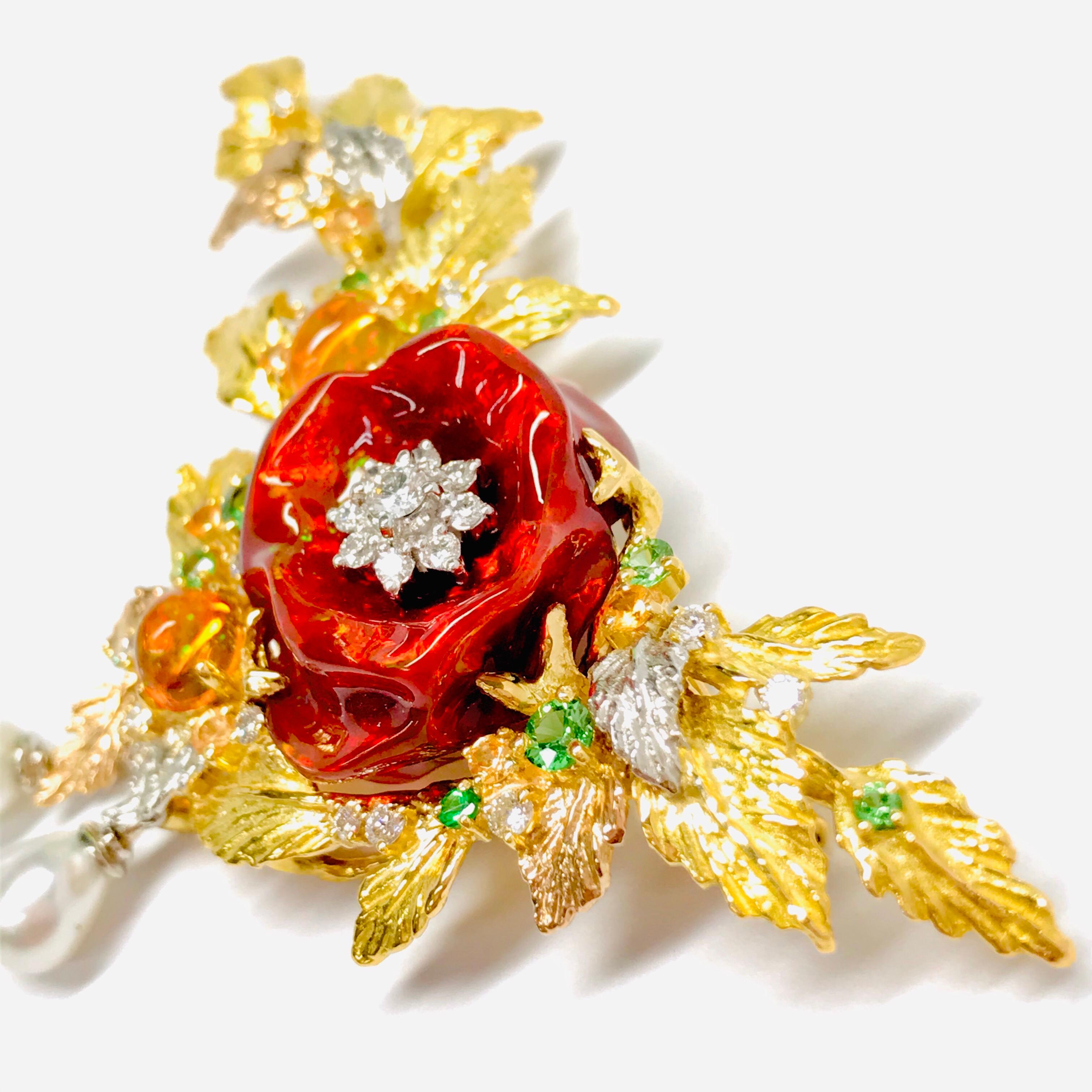 Matsuzaki 18K Gold Rose Flower Foliage Fire Opal Keshi Pearl Green Garnet Brooch For Sale 4