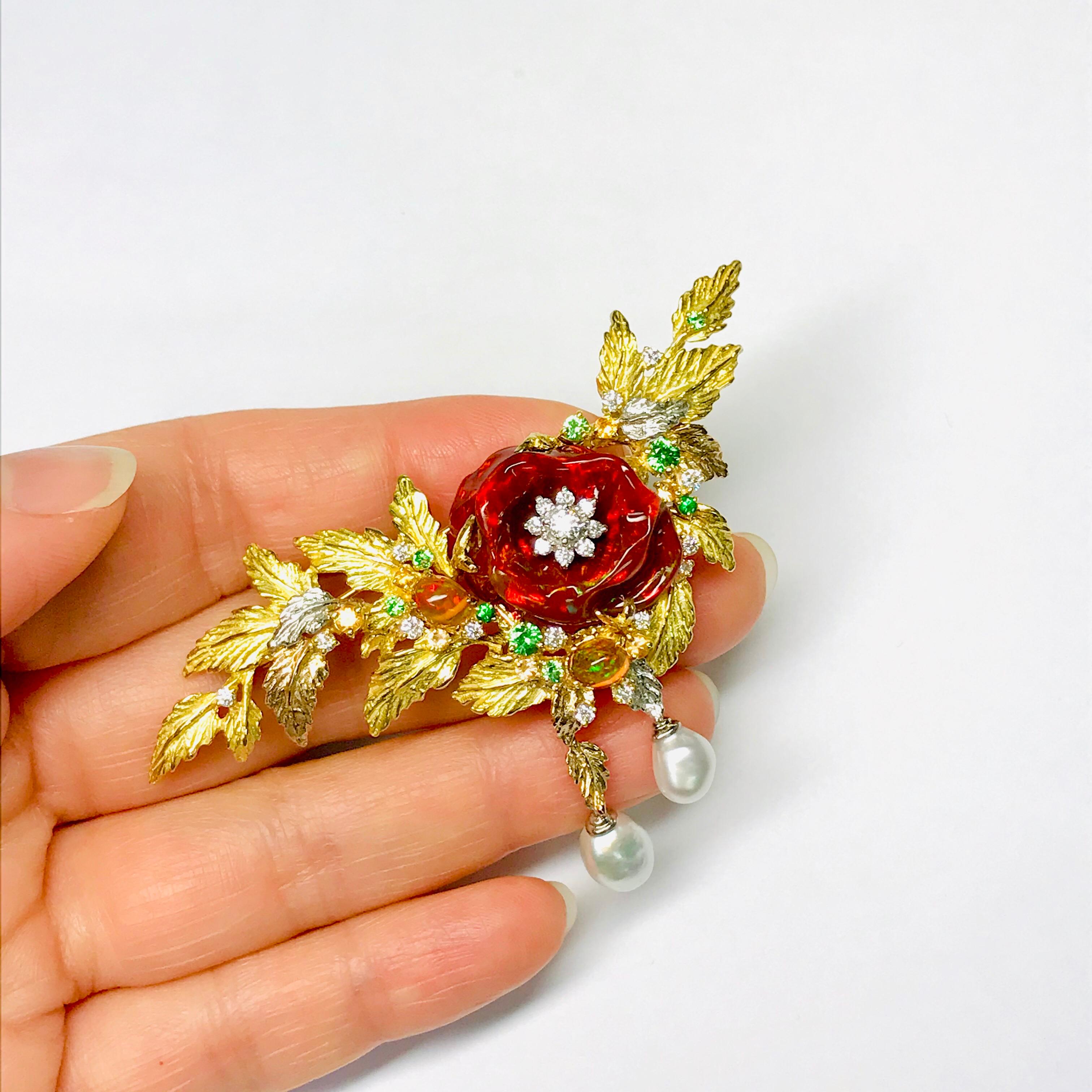 Matsuzaki 18K Gold Rose Flower Foliage Fire Opal Keshi Pearl Green Garnet Brooch For Sale 5