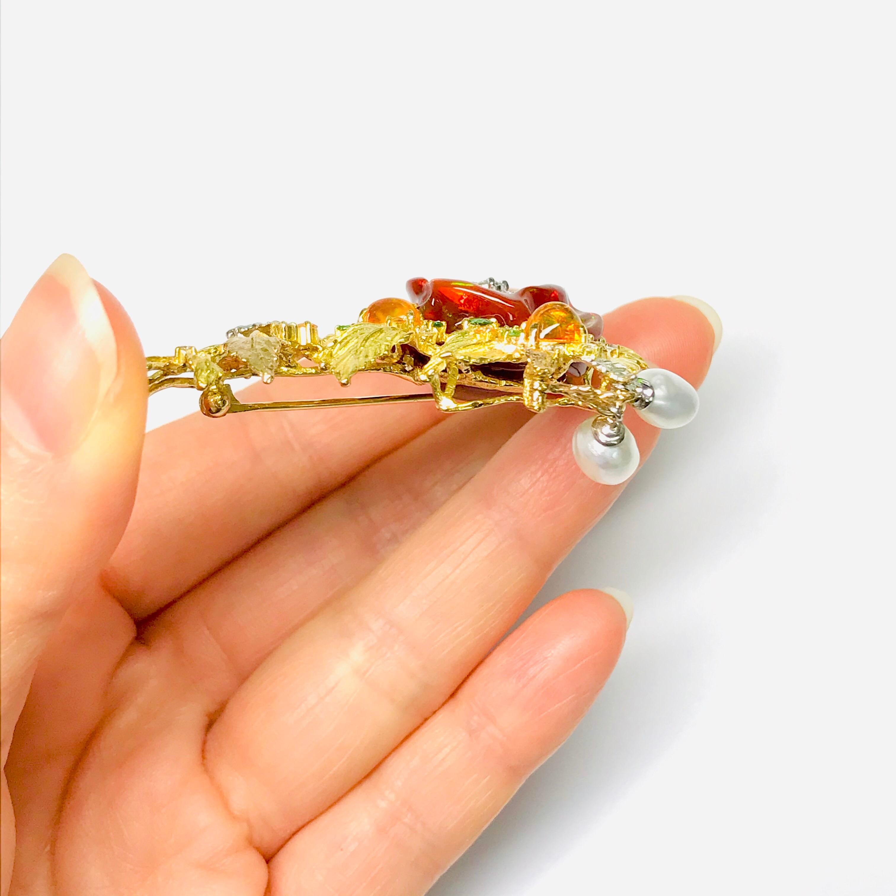 Matsuzaki 18K Gold Rose Flower Foliage Fire Opal Keshi Pearl Green ...