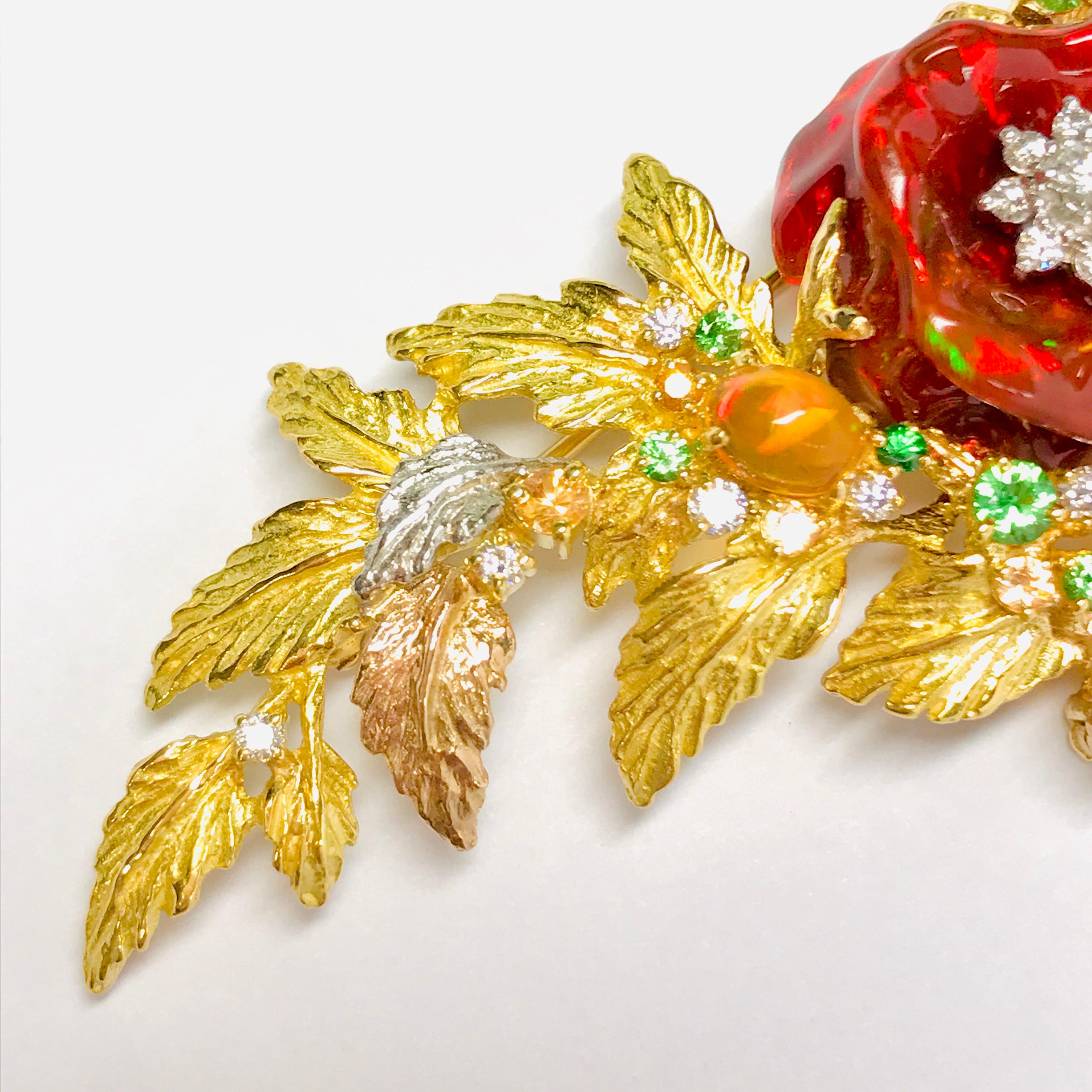Matsuzaki 18K Gold Rose Flower Foliage Fire Opal Keshi Pearl Green Garnet Brooch For Sale 10