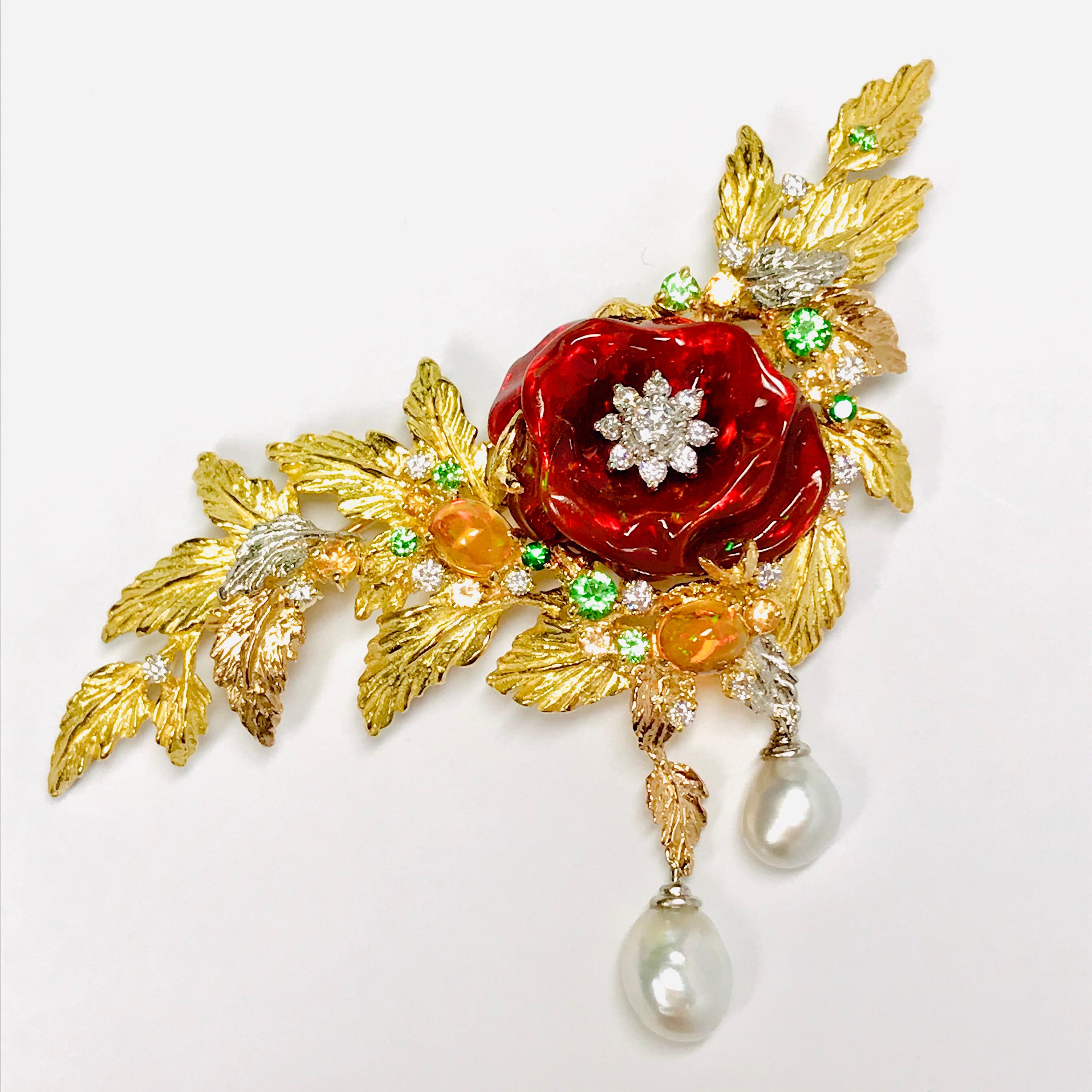 Matsuzaki 18K Gold Rose Flower Foliage Fire Opal Keshi Pearl Green Garnet Brooch For Sale 11