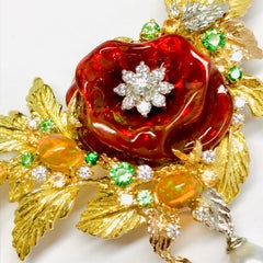 Matsuzaki 18K Gold Rose Flower Foliage Fire Opal Keshi Pearl Green Garnet Brooch