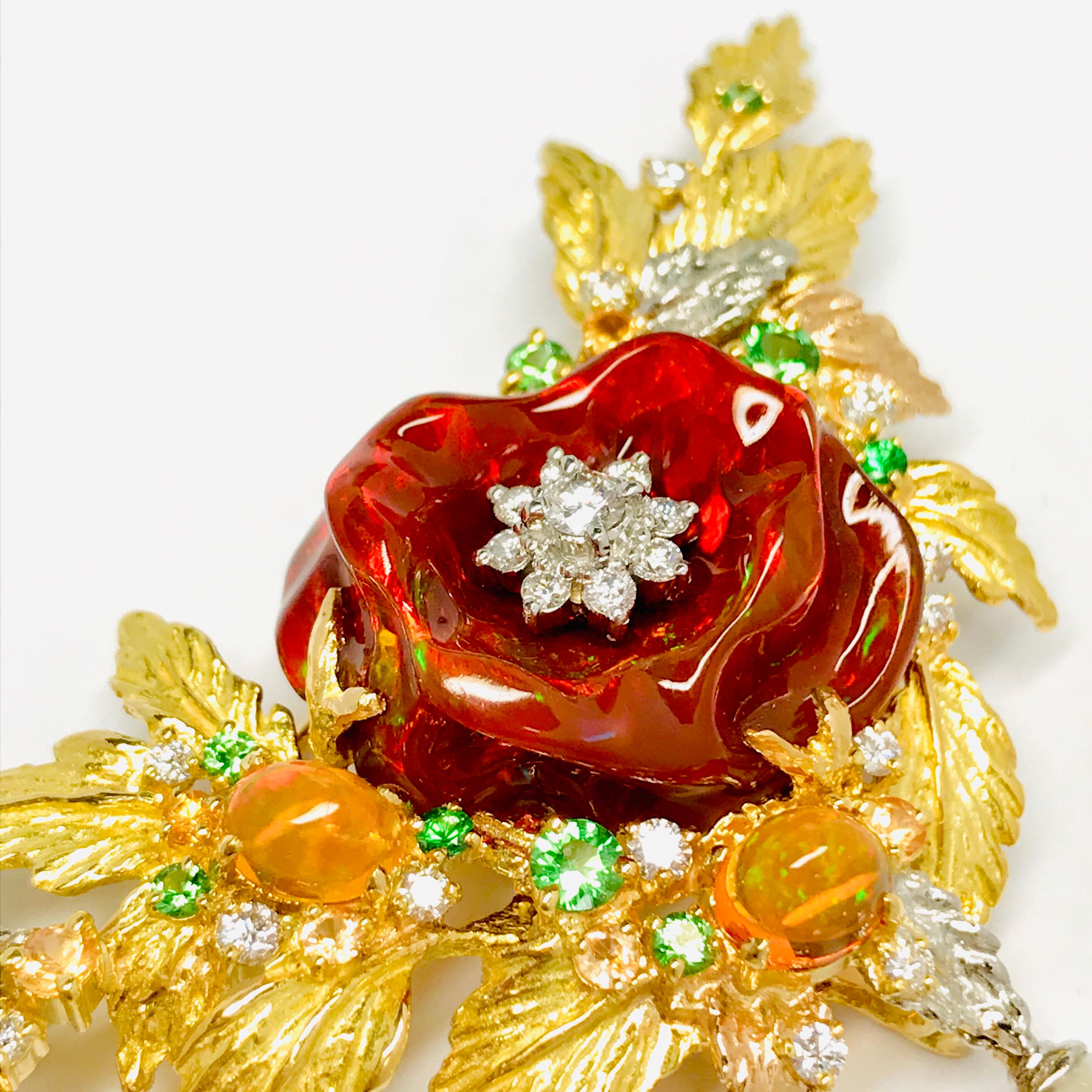 Artist Matsuzaki 18K Gold Rose Flower Foliage Fire Opal Keshi Pearl Green Garnet Brooch For Sale