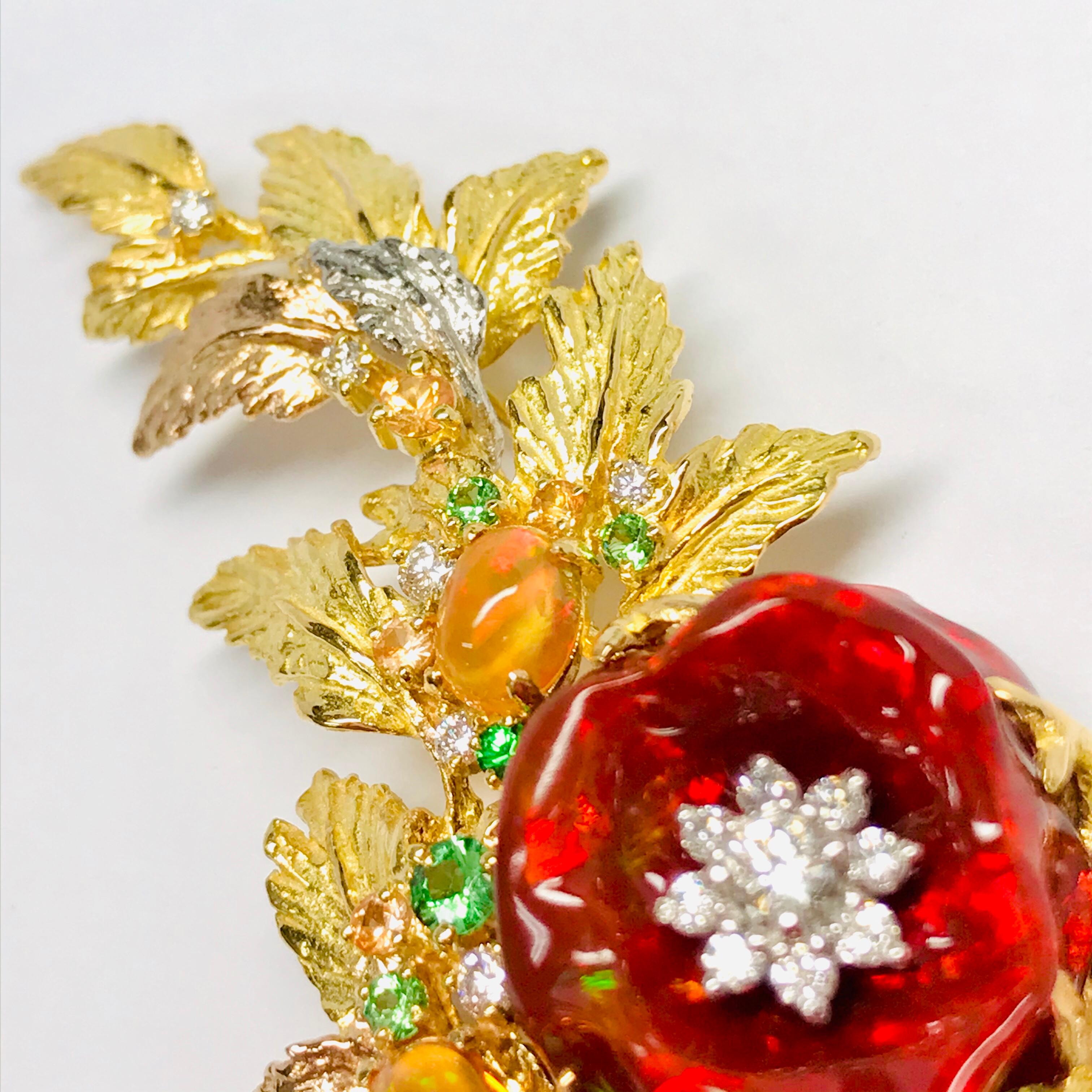 Rough Cut Matsuzaki 18K Gold Rose Flower Foliage Fire Opal Keshi Pearl Green Garnet Brooch For Sale