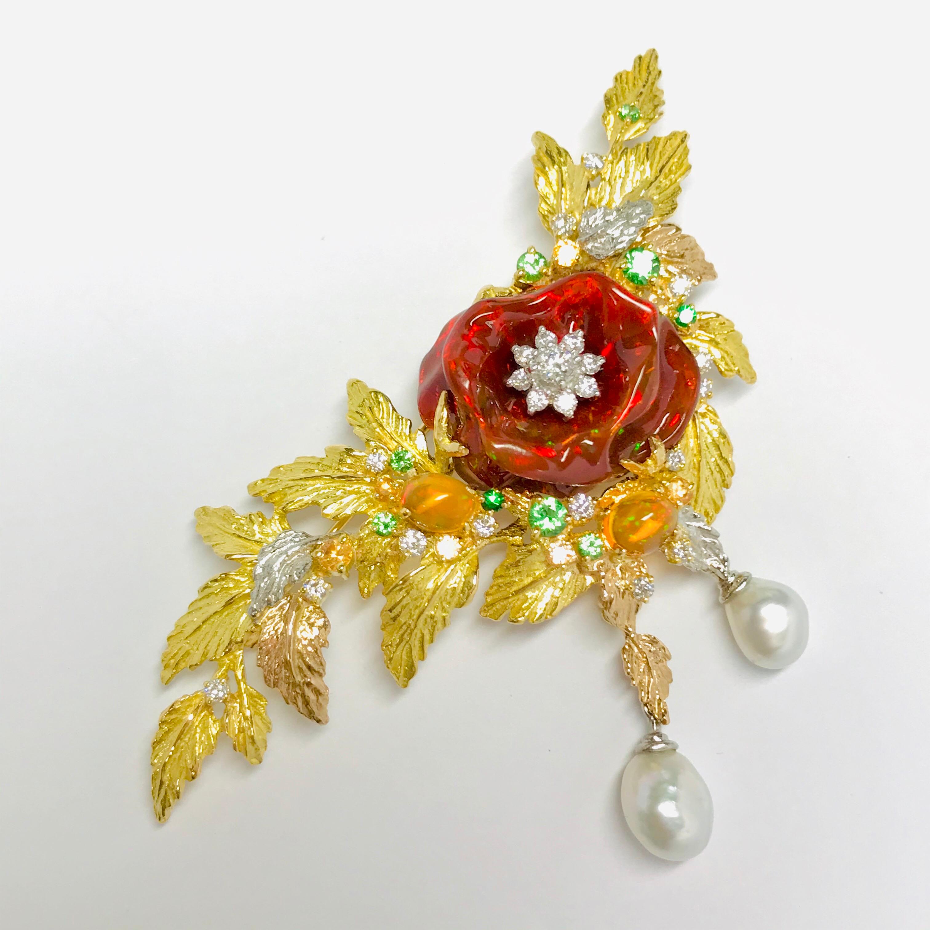 Matsuzaki 18K Gold Rose Flower Foliage Fire Opal Keshi Pearl Green ...