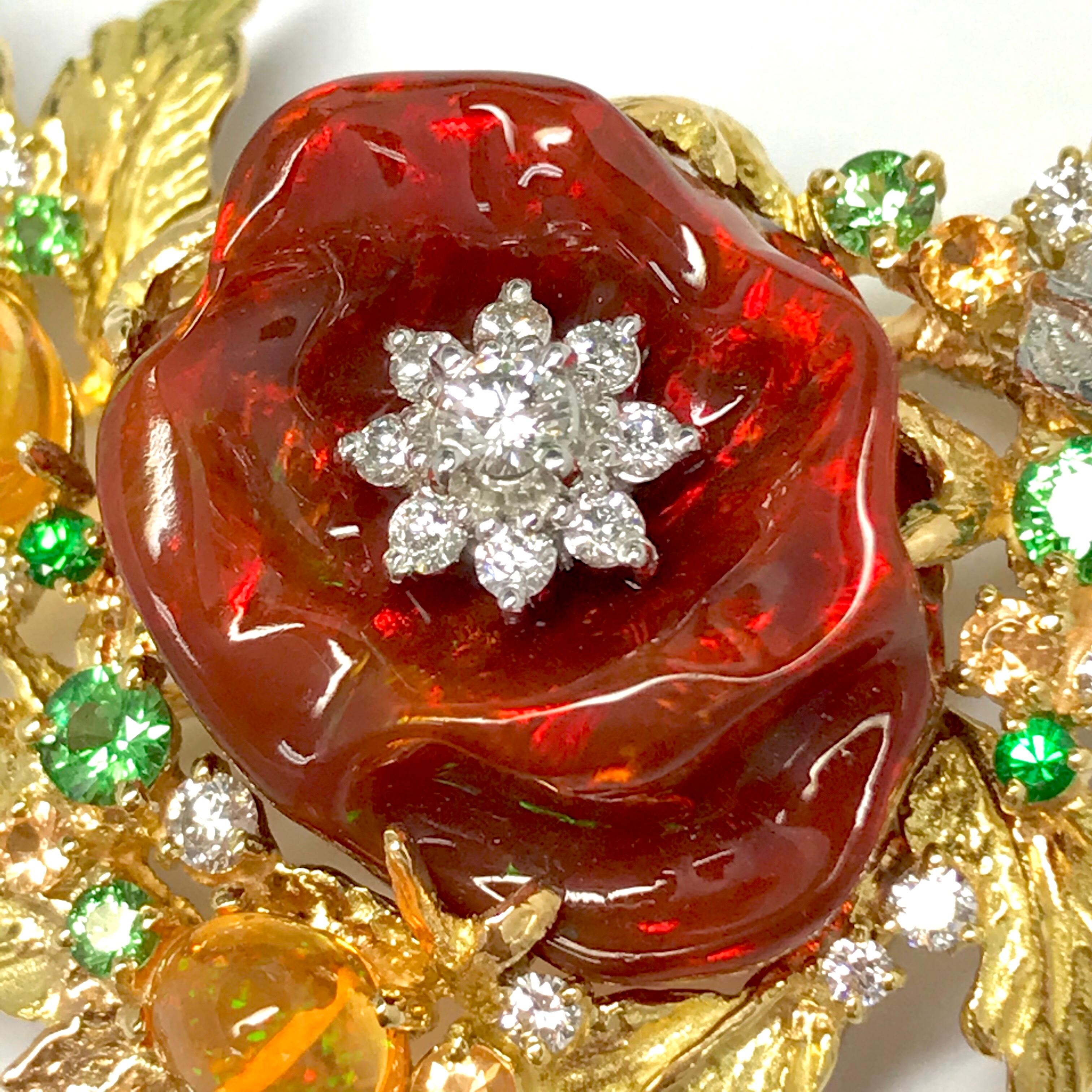 Matsuzaki 18K Gold Rose Flower Foliage Fire Opal Keshi Pearl Green Garnet Brooch For Sale 2