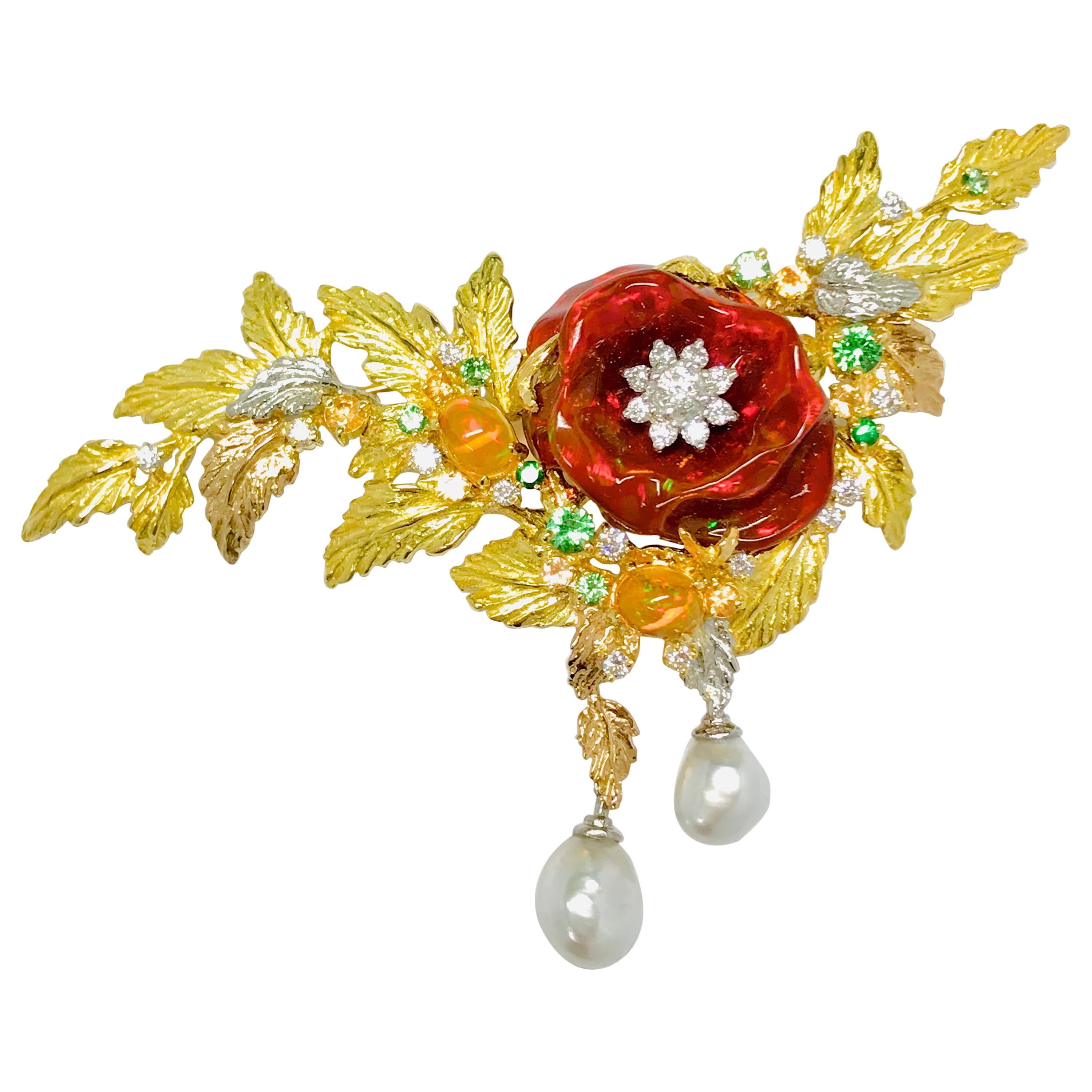 Matsuzaki 18K Gold Rose Flower Foliage Fire Opal Keshi Pearl Green Garnet Brooch For Sale