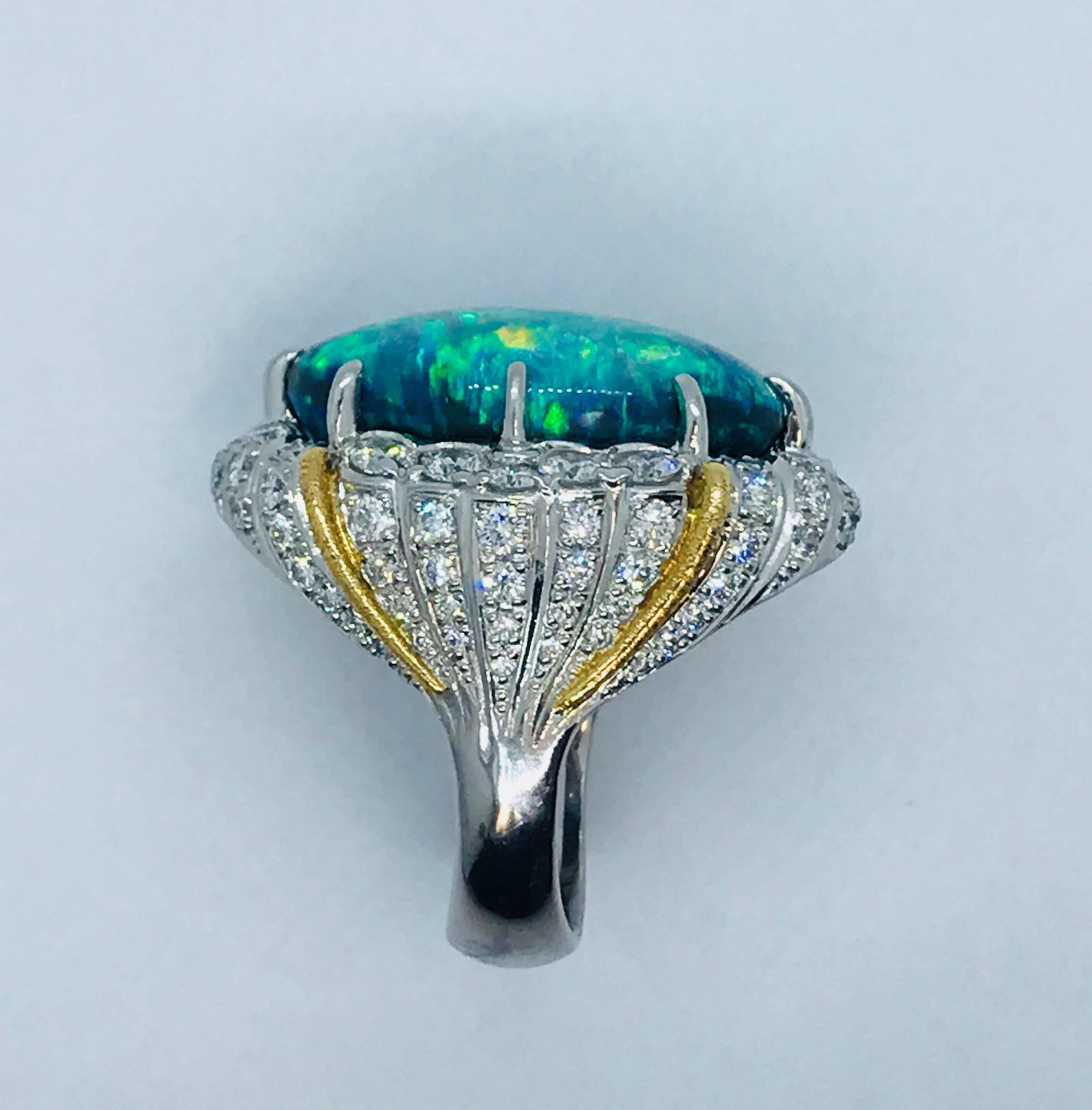 Matsuzaki 20.35 Carat Oval Cabochon Black Opal Diamond Platinum Cocktail Ring In New Condition In Tokyo, JP