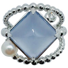 Matsuzaki K18 Blue Chalcedony Pyramid Cut Pearl Diamond Cocktail Ring