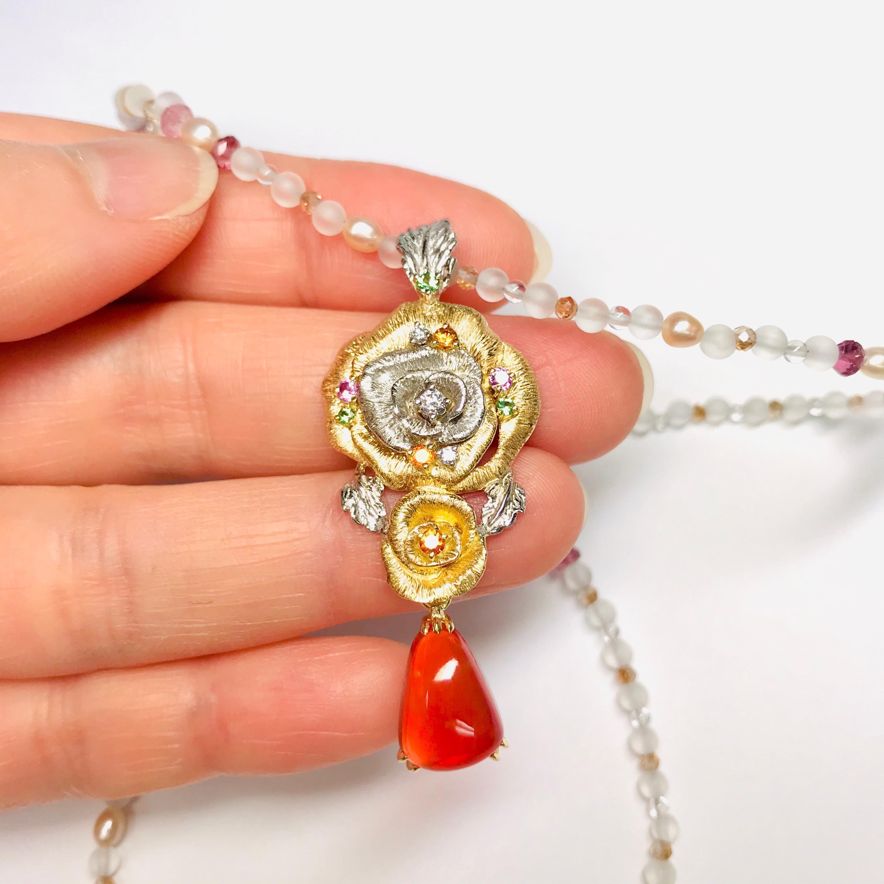 Matsuzaki K18 Gold Platinum Rose Flower 3.02 Carat Fire Opal Pendant Necklace For Sale 4