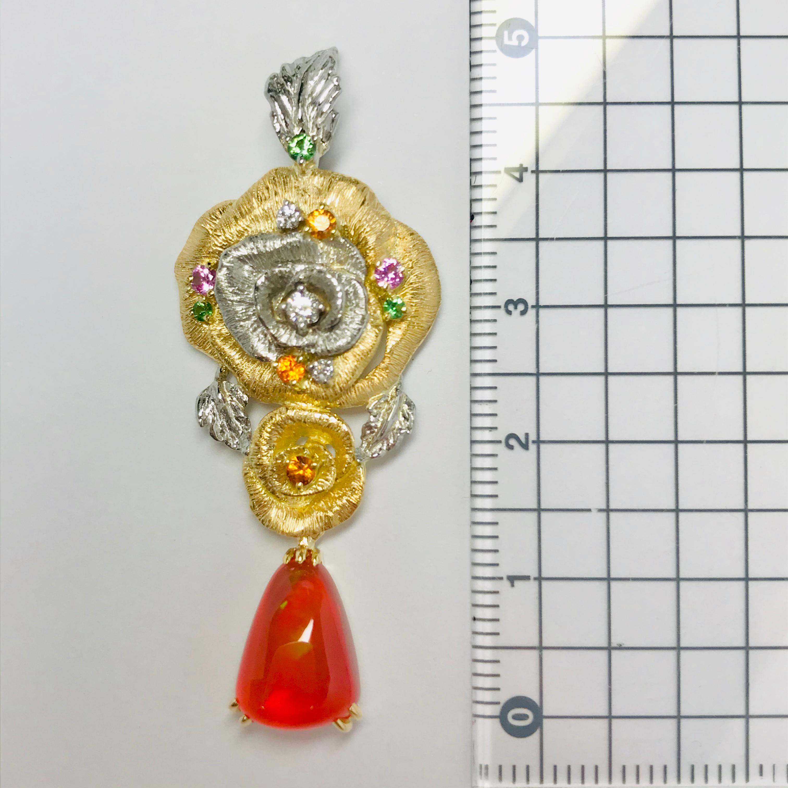 Matsuzaki K18 Gold Platinum Rose Flower 3.02 Carat Fire Opal Pendant Necklace For Sale 8