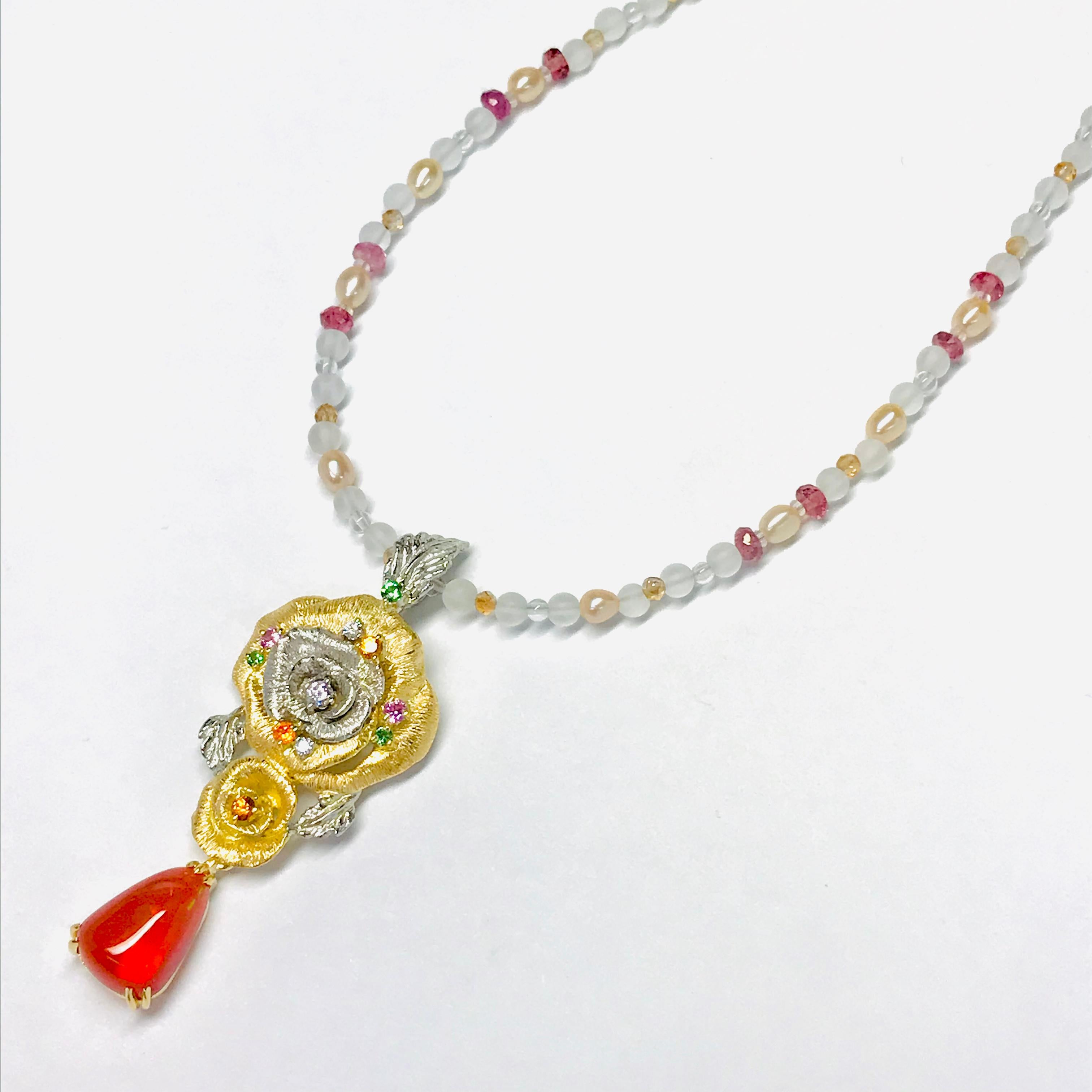 Artist Matsuzaki K18 Gold Platinum Rose Flower 3.02 Carat Fire Opal Pendant Necklace For Sale