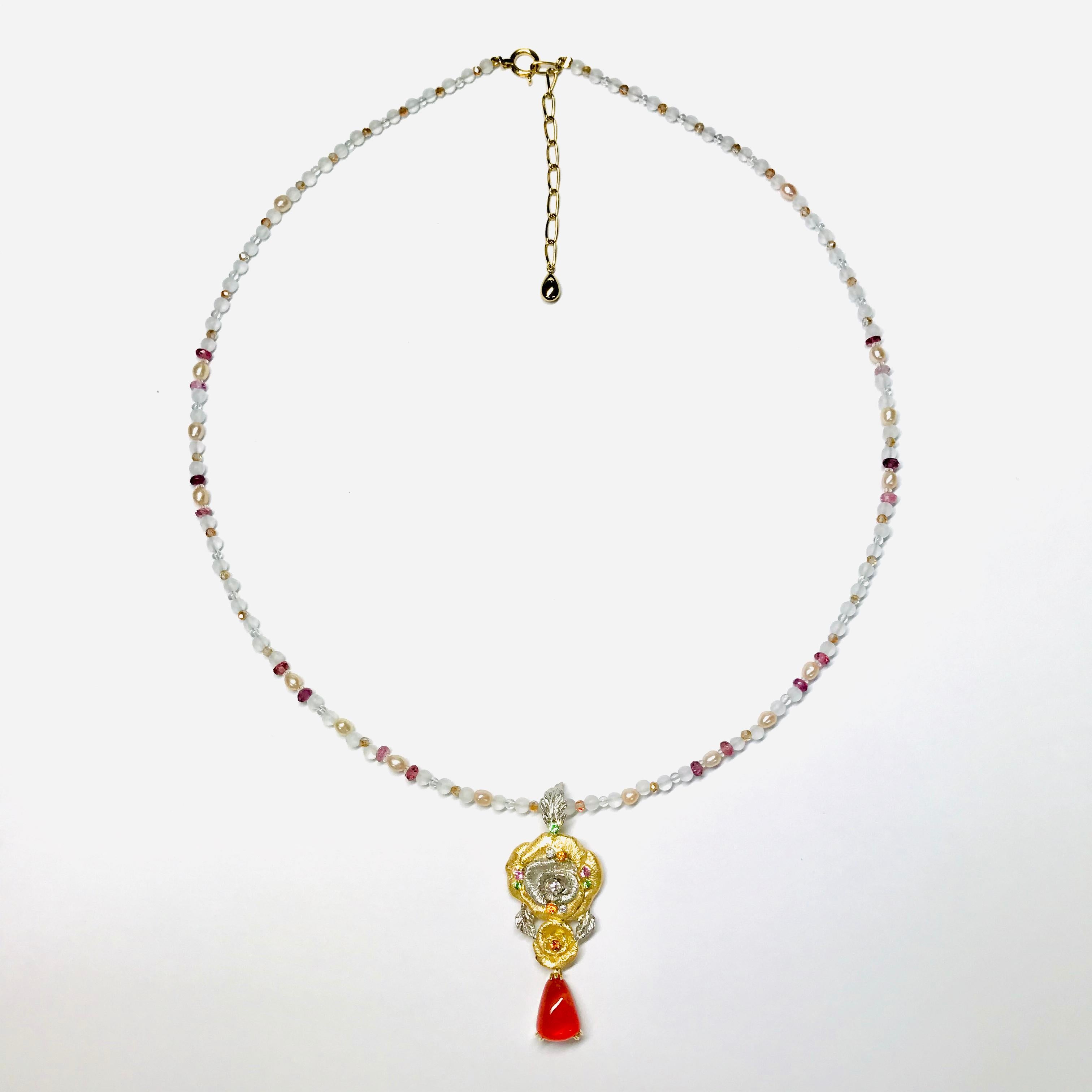 Pear Cut Matsuzaki K18 Gold Platinum Rose Flower 3.02 Carat Fire Opal Pendant Necklace For Sale