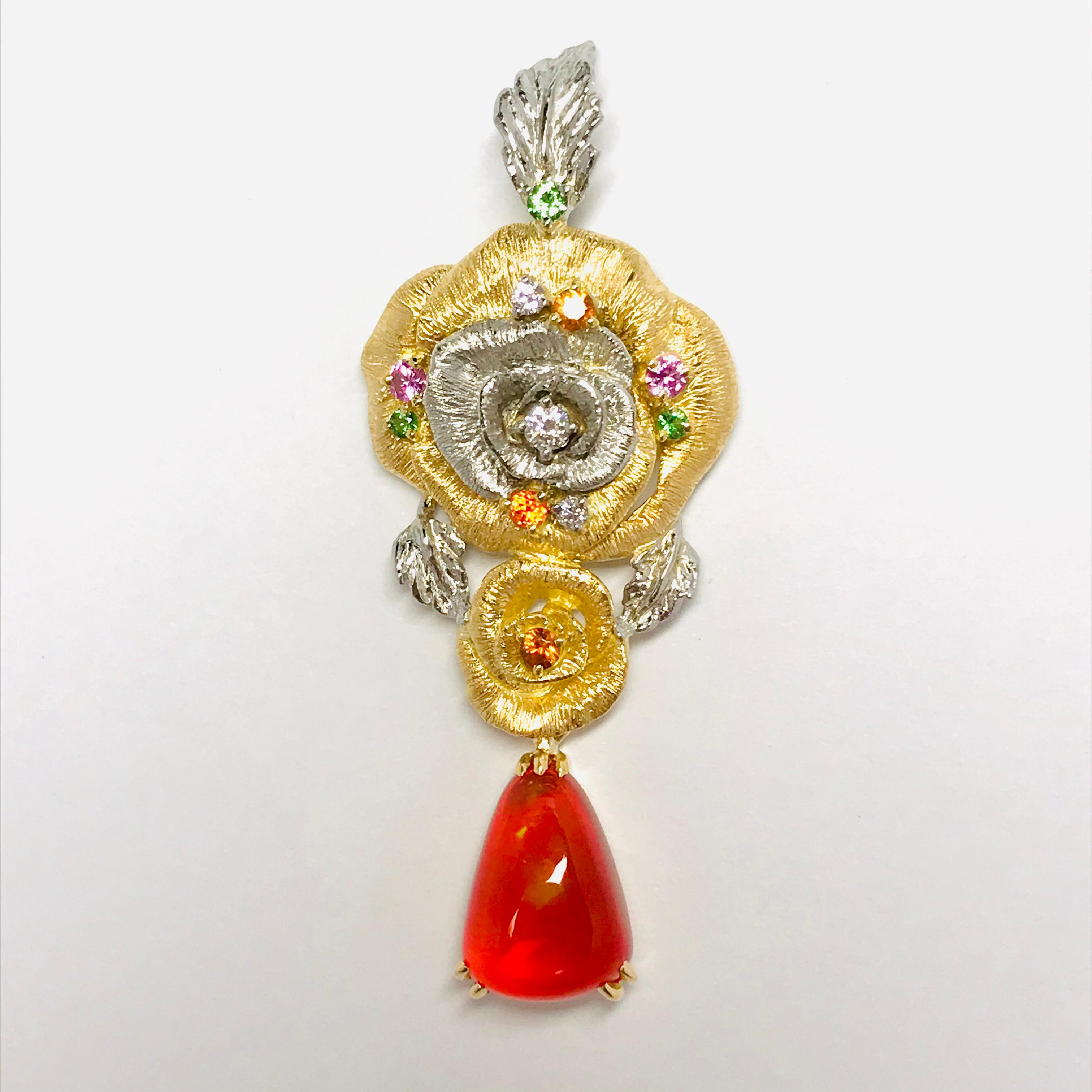 Matsuzaki K18 Gold Platinum Rose Flower 3.02 Carat Fire Opal Pendant Necklace In New Condition For Sale In Tokyo, JP