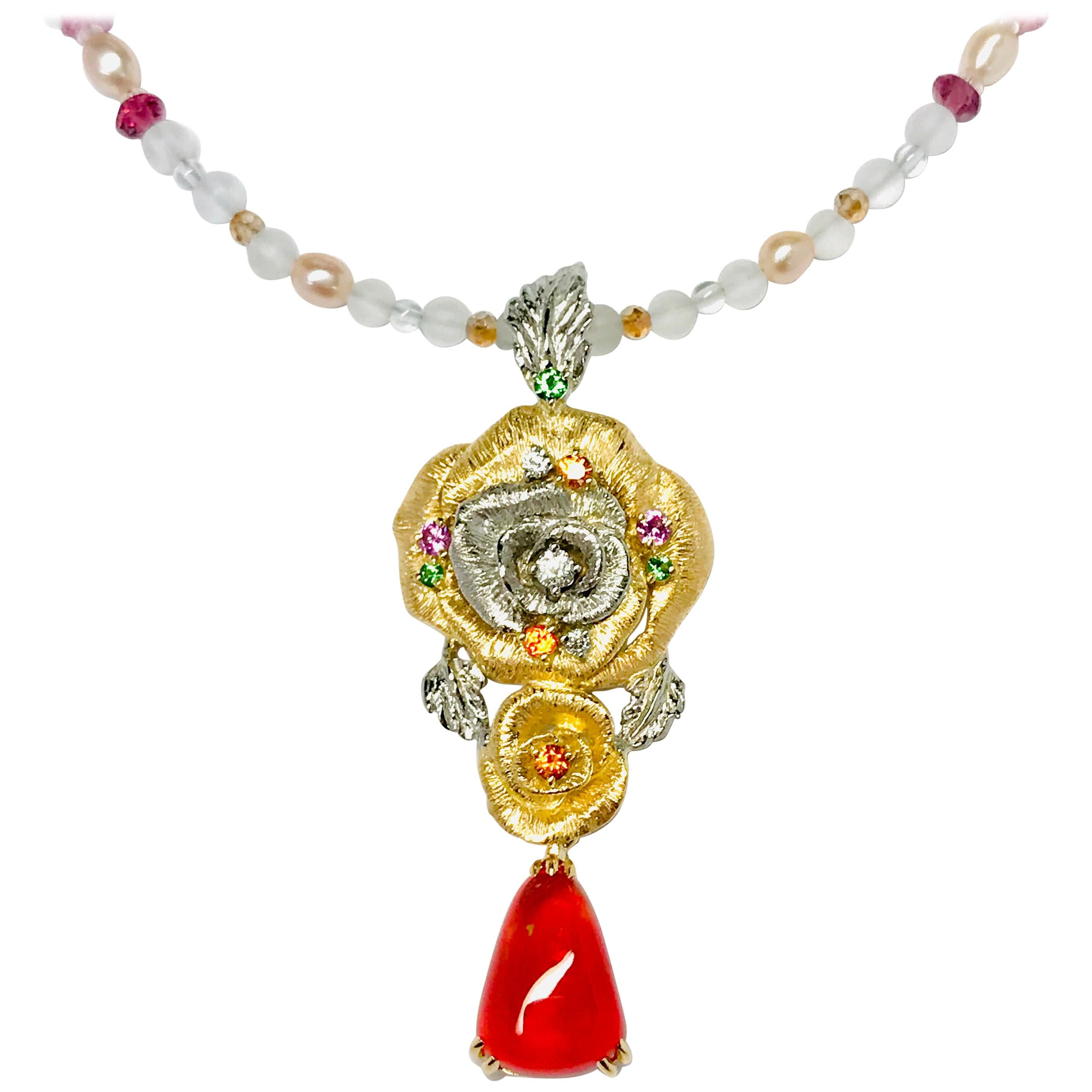 Matsuzaki K18 Gold Platinum Rose Flower 3.02 Carat Fire Opal Pendant Necklace For Sale