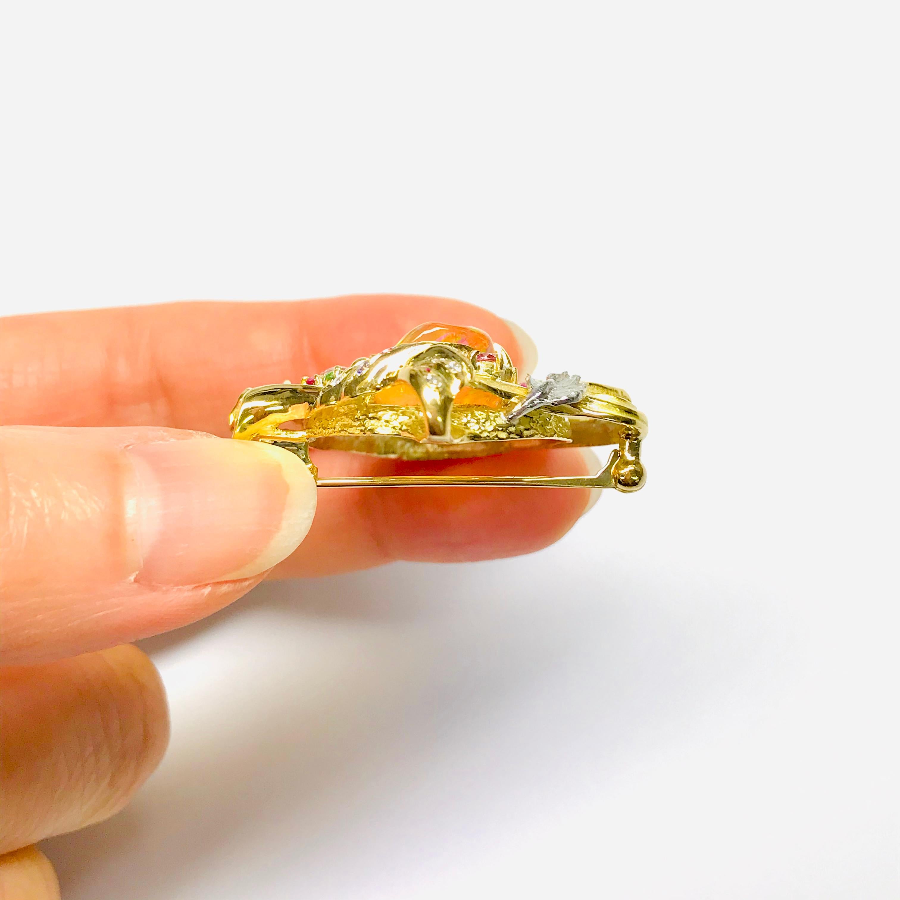Matsuzaki 18 Karat Gold Drapery Foliage Fire Opal Sapphire Garnet Brooch Pendant For Sale 5