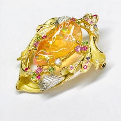 Matsuzaki 18 Karat Gold Drapery Foliage Fire Opal Sapphire Garnet Brooch Pendant