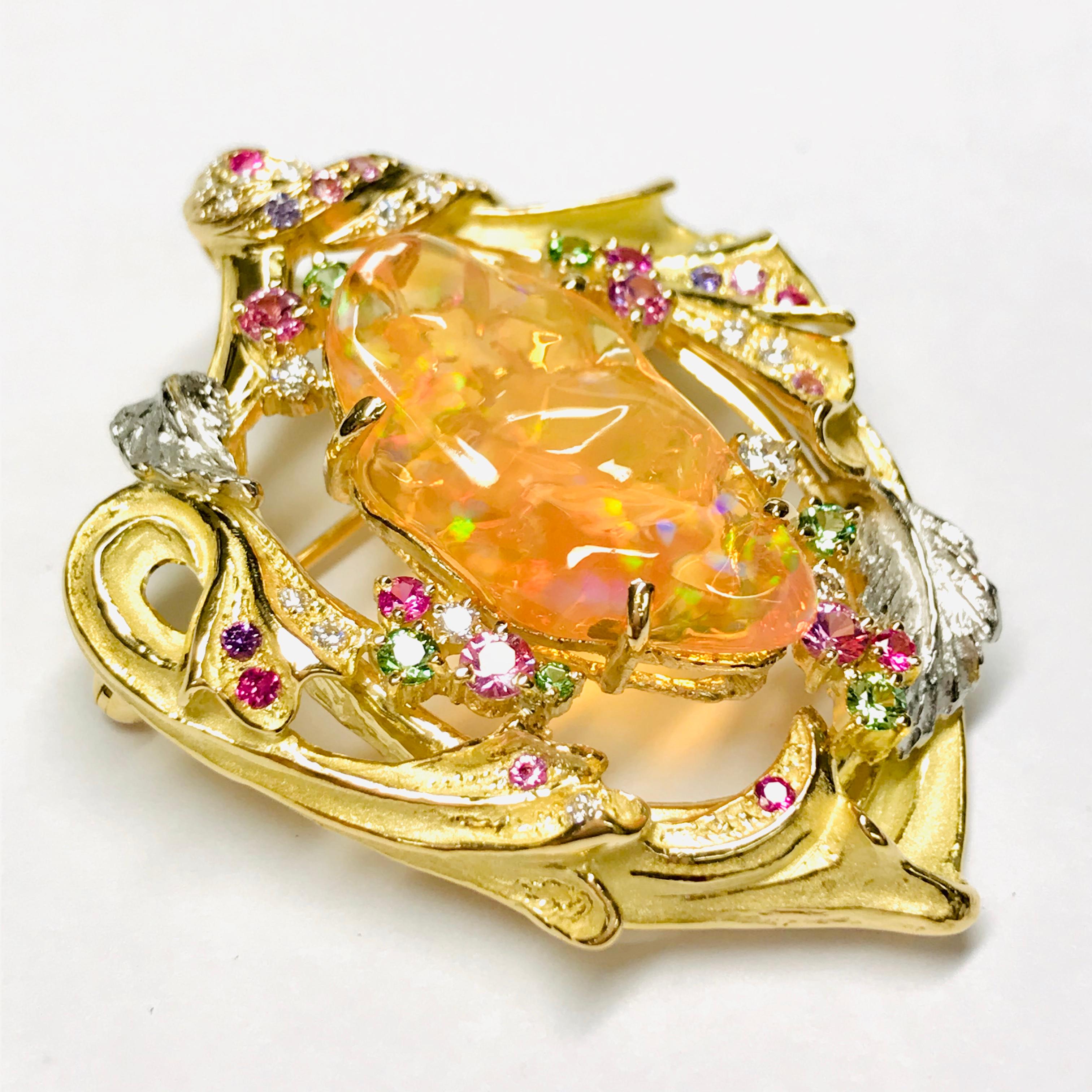 Artist Matsuzaki 18 Karat Gold Drapery Foliage Fire Opal Sapphire Garnet Brooch Pendant For Sale