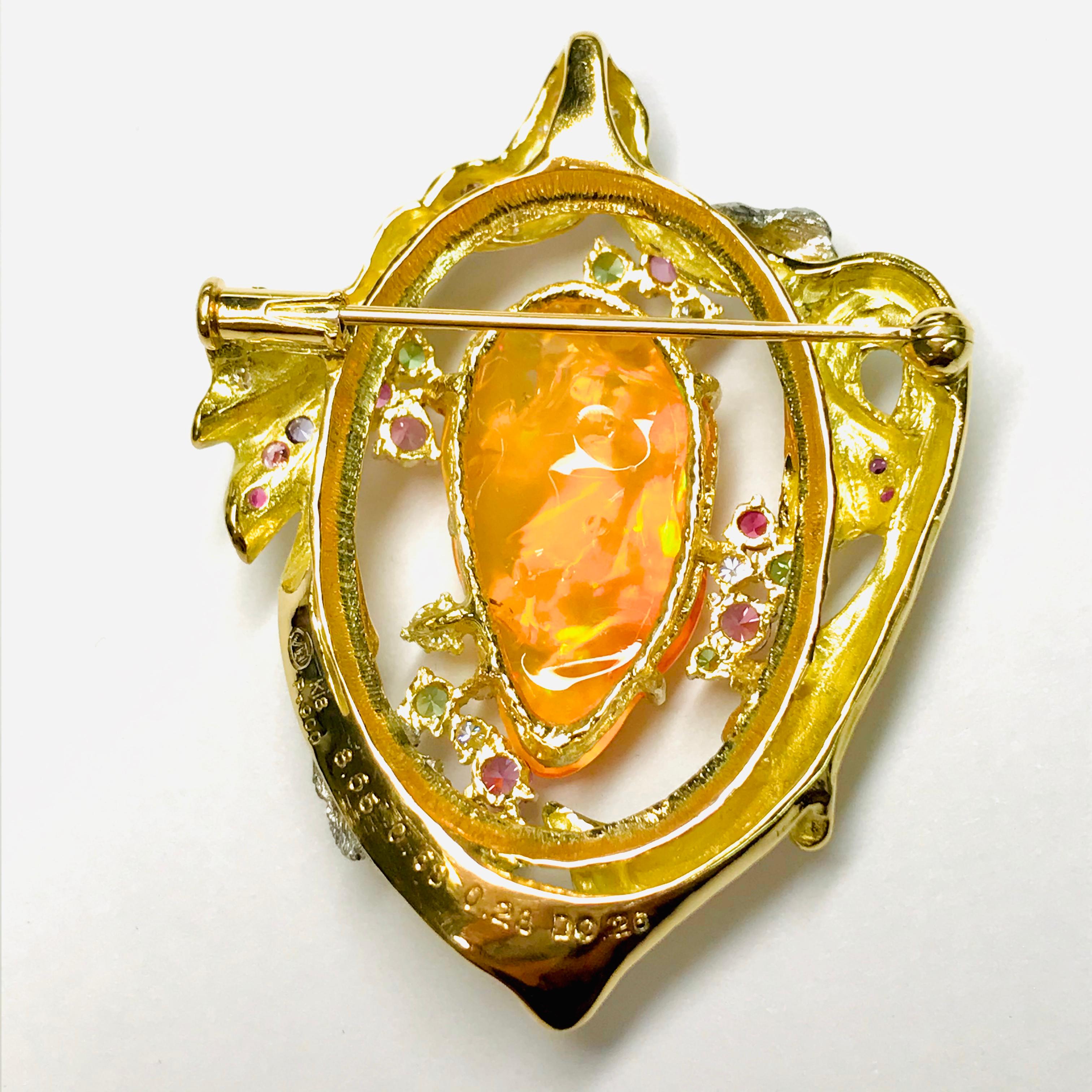 Rough Cut Matsuzaki 18 Karat Gold Drapery Foliage Fire Opal Sapphire Garnet Brooch Pendant For Sale