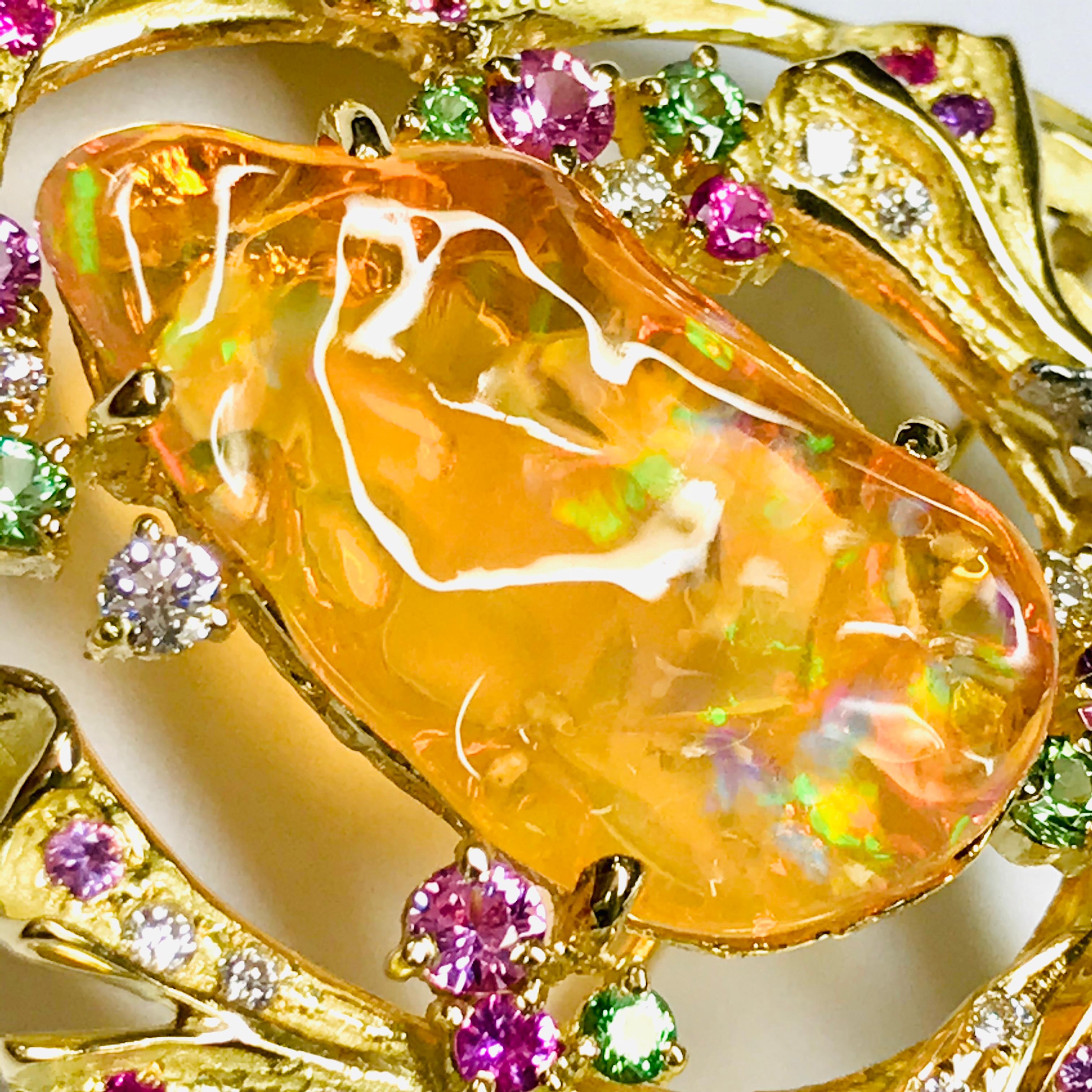 Matsuzaki 18 Karat Gold Drapery Foliage Fire Opal Sapphire Garnet Brooch Pendant In New Condition For Sale In Tokyo, JP