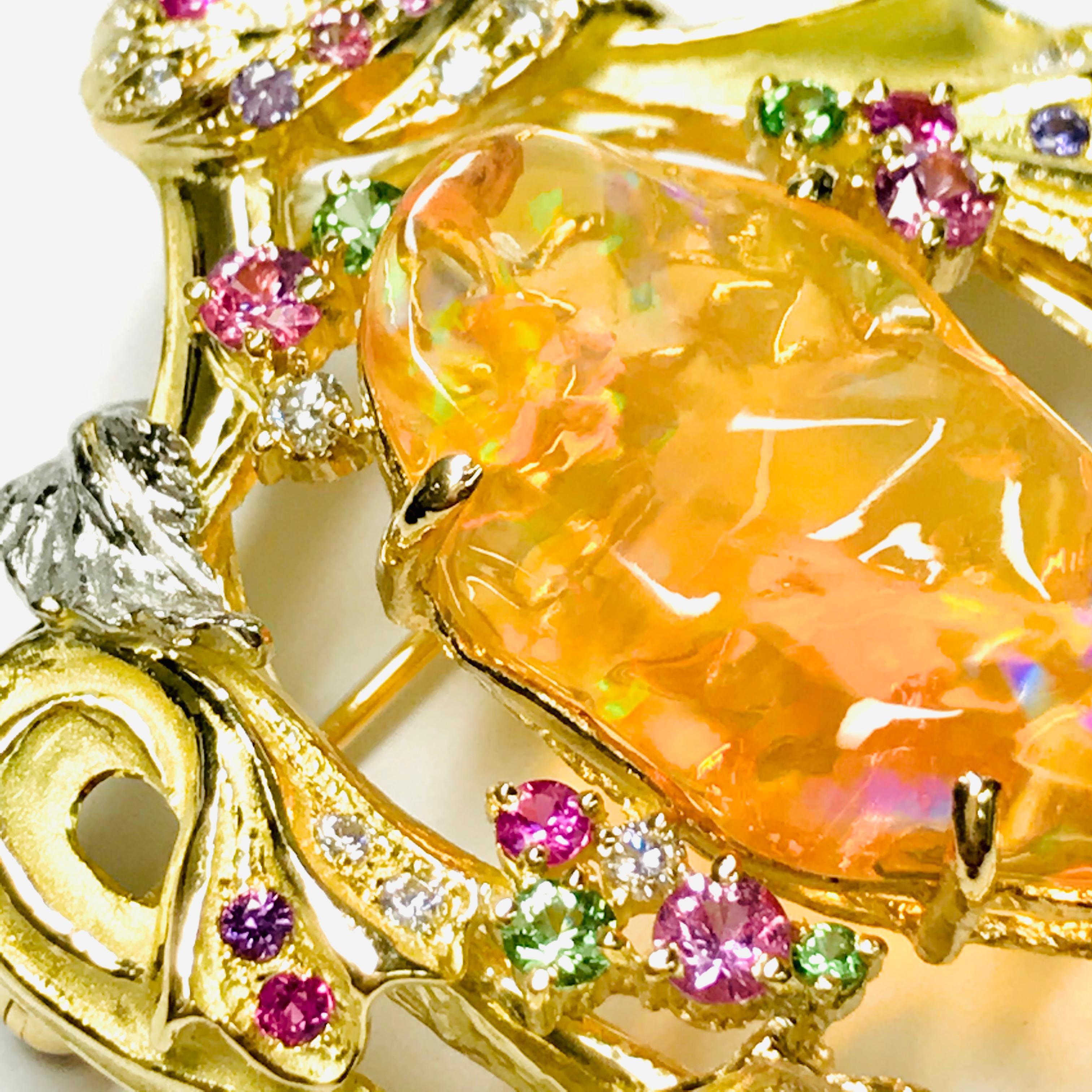 Women's Matsuzaki 18 Karat Gold Drapery Foliage Fire Opal Sapphire Garnet Brooch Pendant For Sale