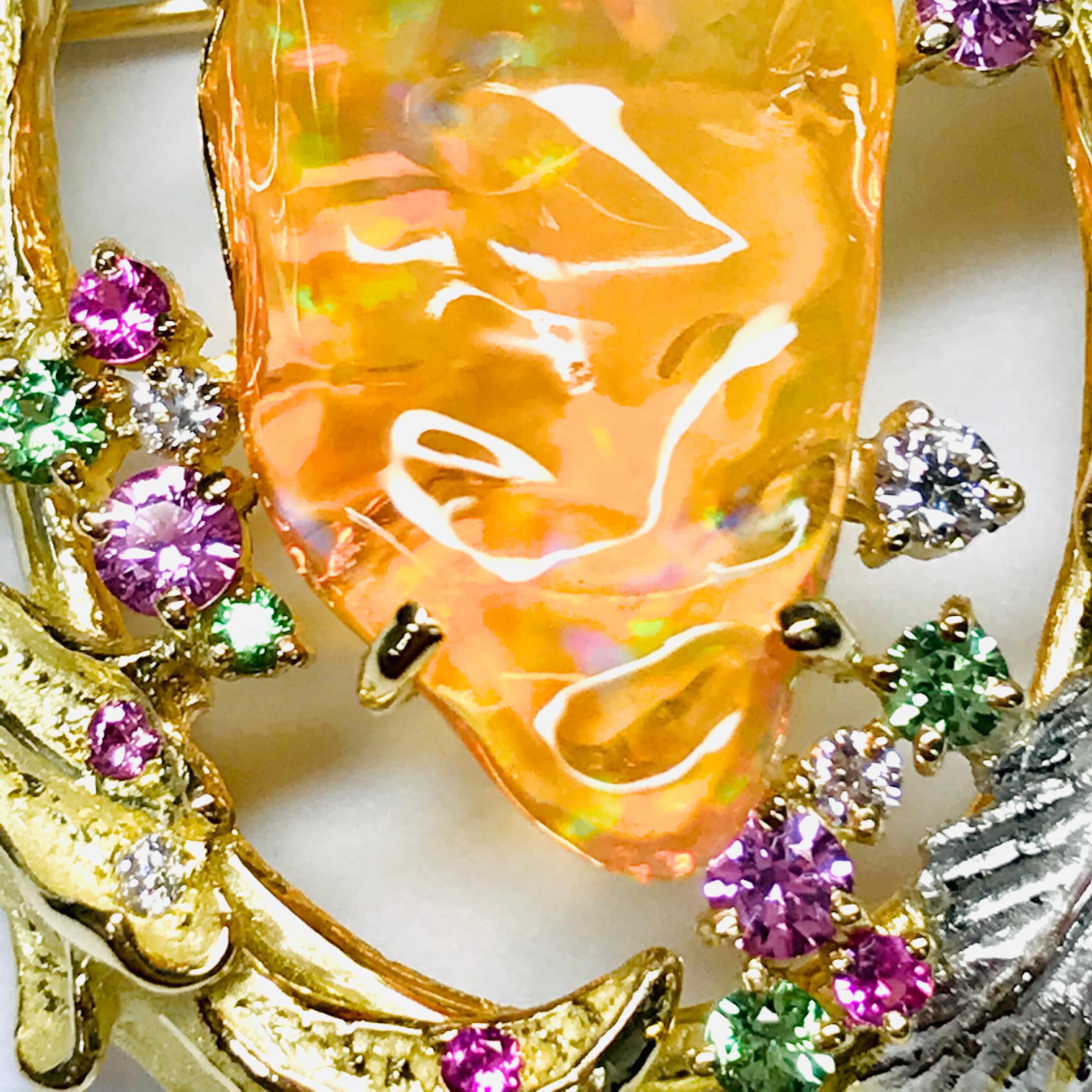 Matsuzaki 18 Karat Gold Drapery Foliage Fire Opal Sapphire Garnet Brooch Pendant For Sale 1