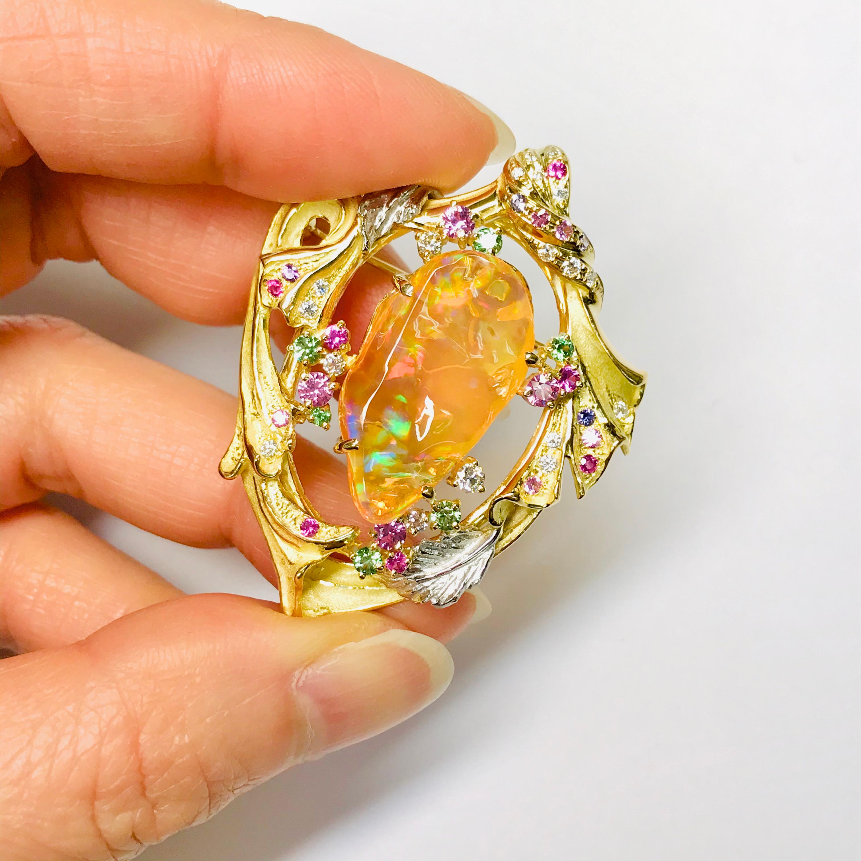 Matsuzaki 18 Karat Gold Drapery Foliage Fire Opal Sapphire Garnet Brooch Pendant For Sale 2