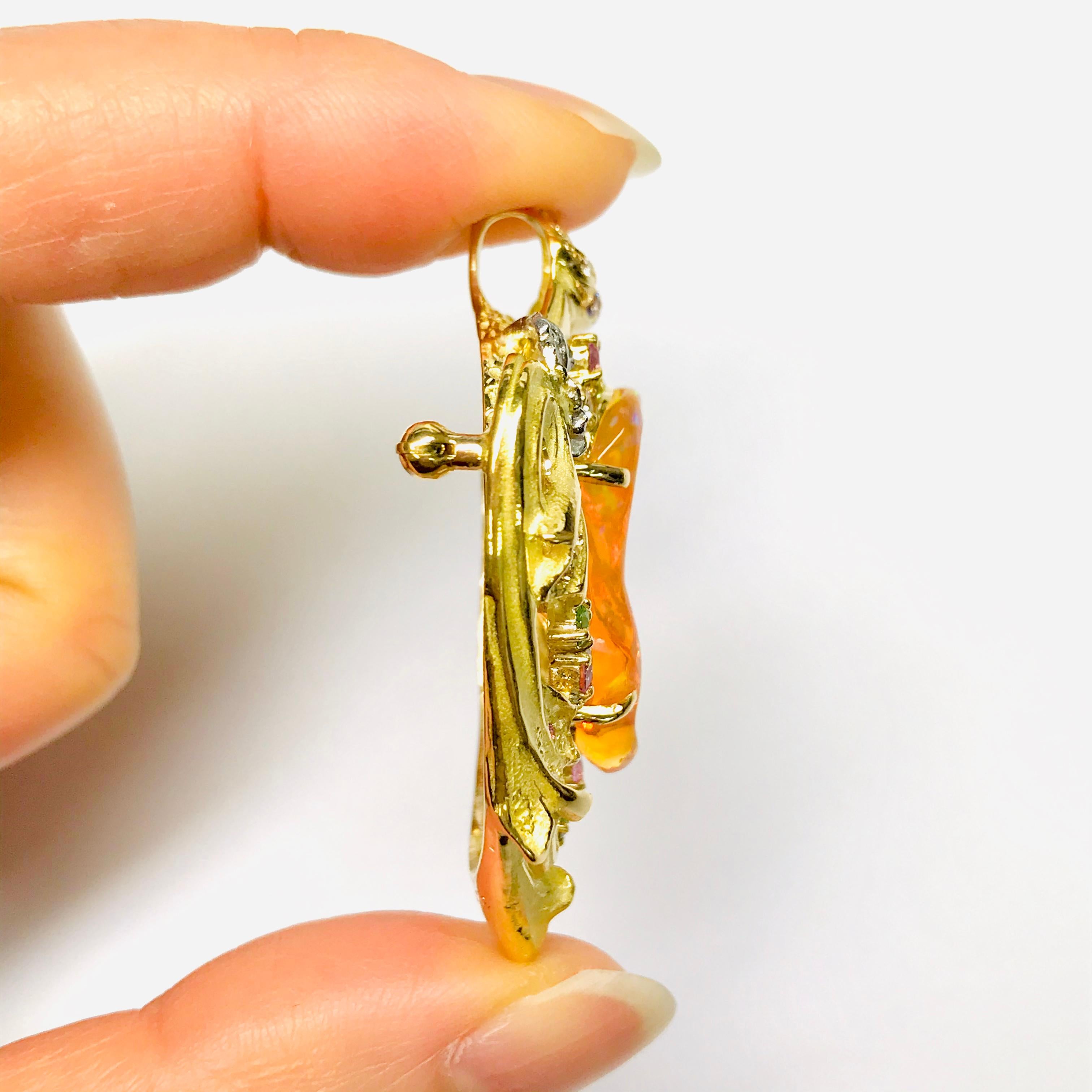 Matsuzaki 18 Karat Gold Drapery Foliage Fire Opal Sapphire Garnet Brooch Pendant For Sale 3