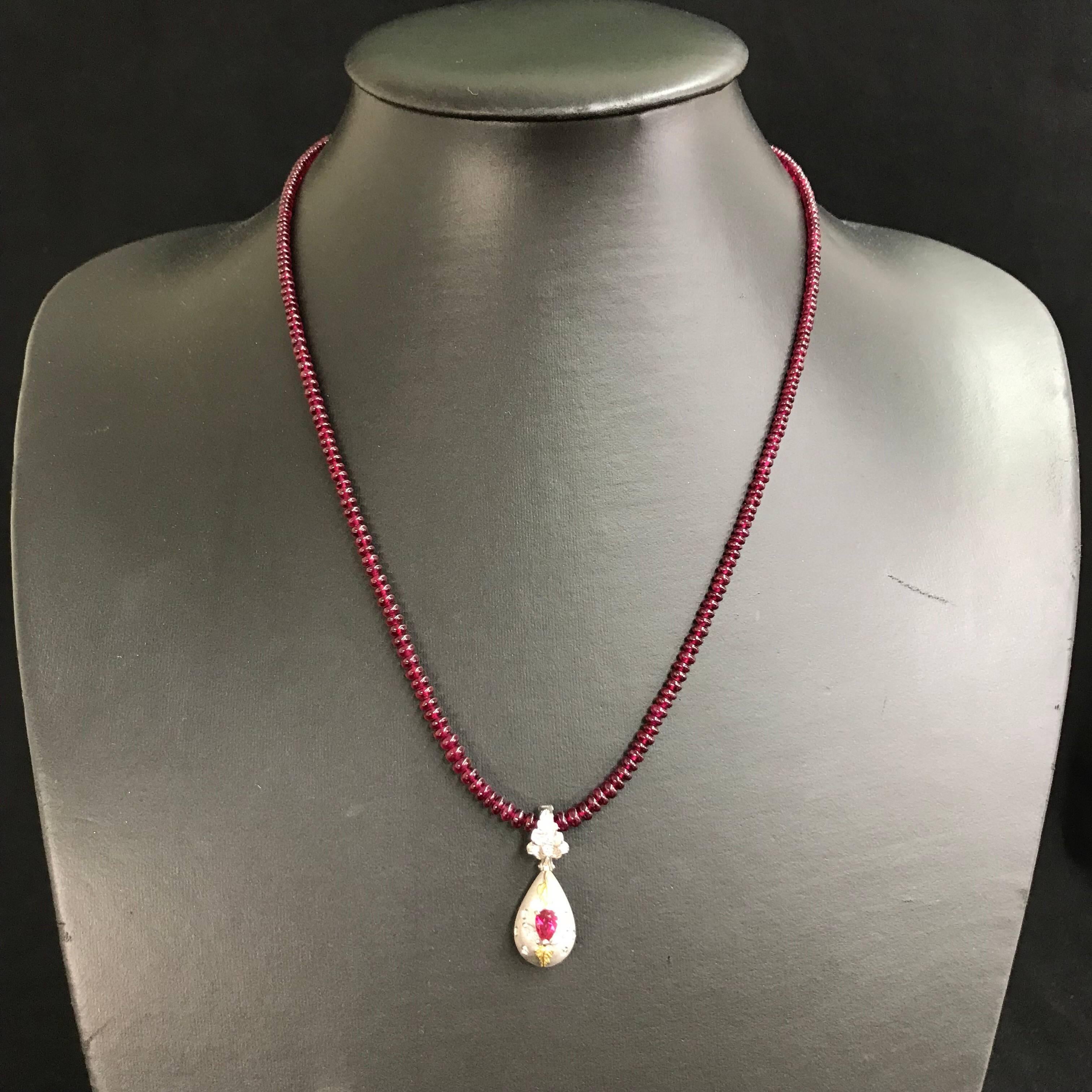 Matsuzaki Pear-shaped Ruby Diamond Locket Pill Box Gold Pendant Beads Necklace In New Condition For Sale In Tokyo, JP