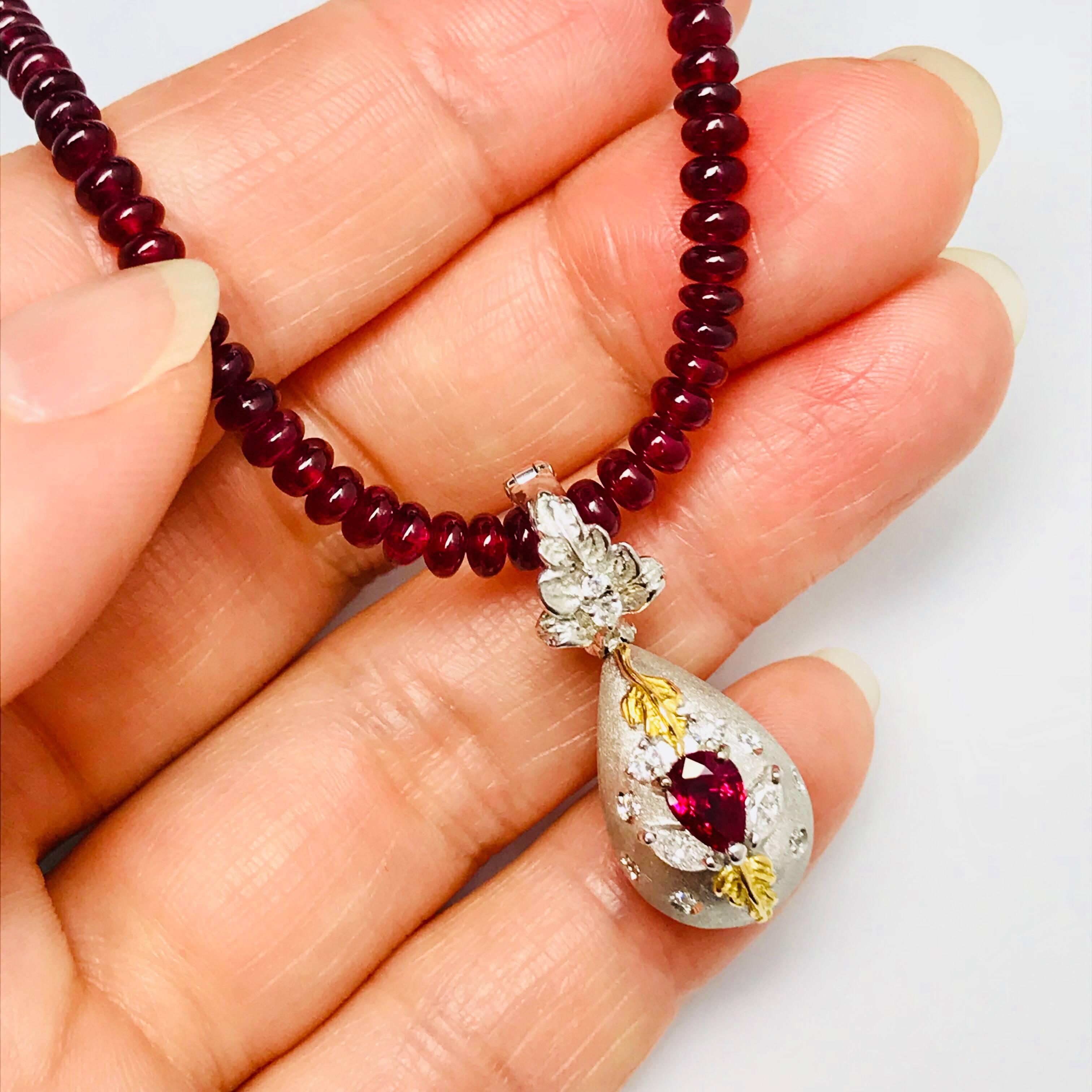 Women's Matsuzaki Pear-shaped Ruby Diamond Locket Pill Box Gold Pendant Beads Necklace For Sale