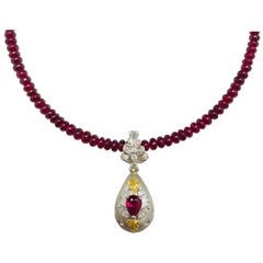 Matsuzaki Pear-shaped Ruby Diamond Locket Pill Box Gold Pendant Beads Necklace
