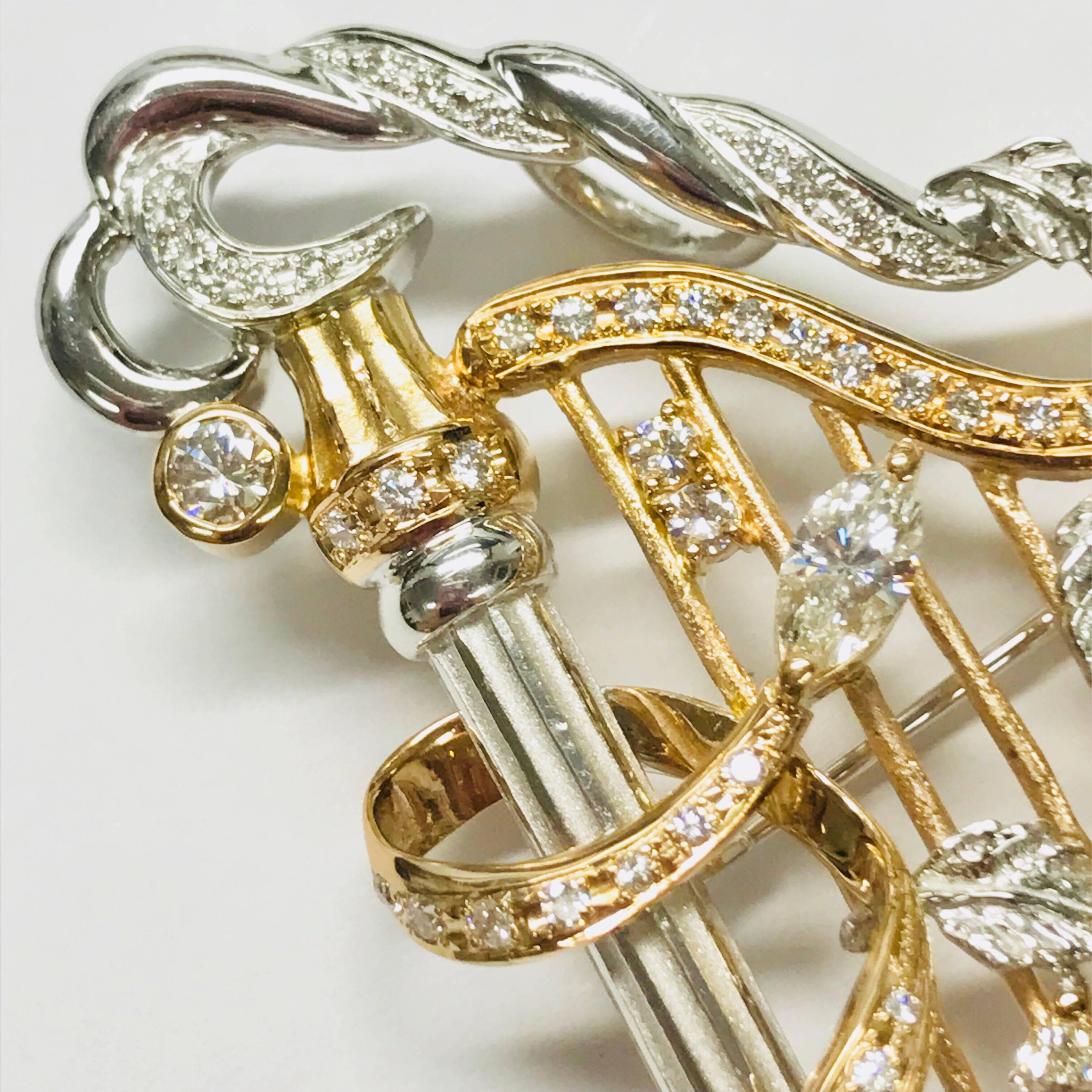 Marquise Cut Matsuzaki Pink Gold Marquise Pear Shape Diamond Harp Brooch Pendant