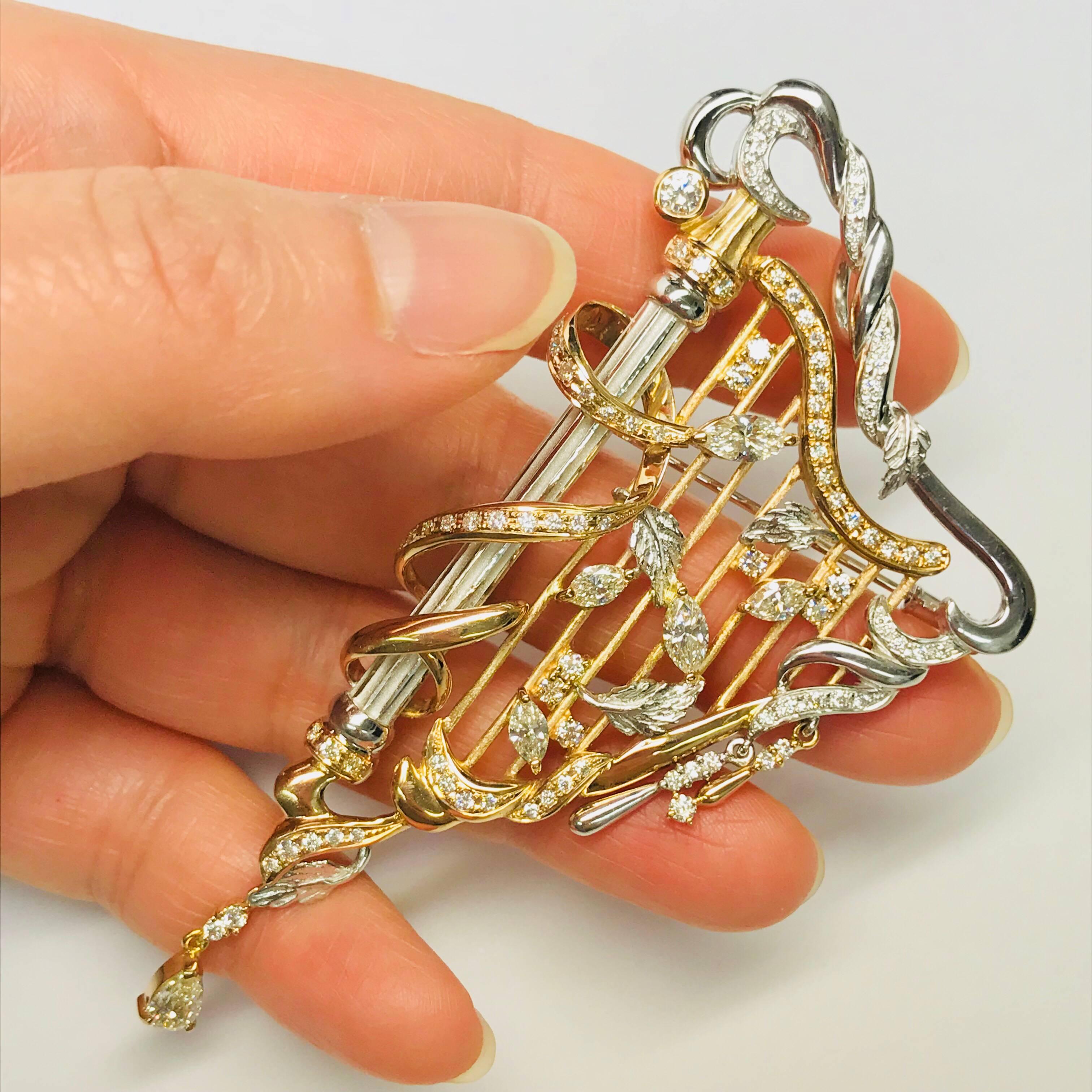 Matsuzaki Pink Gold Marquise Pear Shape Diamond Harp Brooch Pendant In New Condition In Tokyo, JP