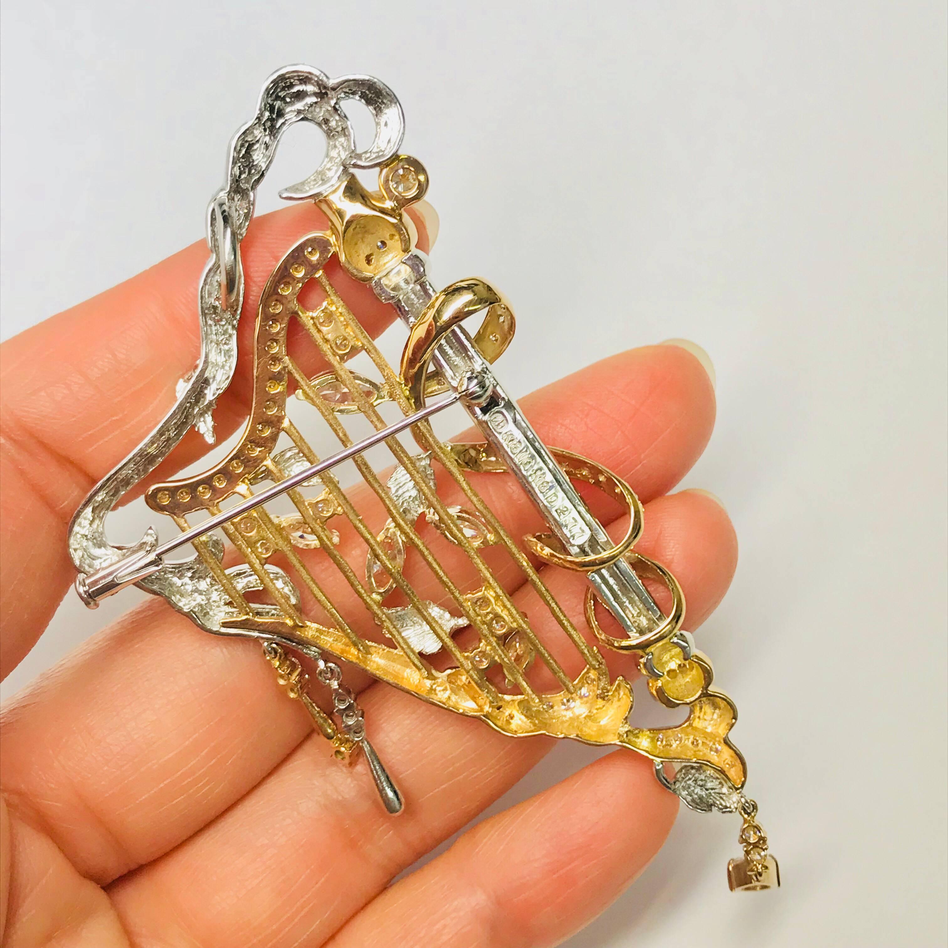 Women's or Men's Matsuzaki Pink Gold Marquise Pear Shape Diamond Harp Brooch Pendant