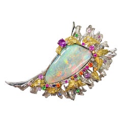 Matsuzaki Platinum 18K Gold Foliage Boulder Opal Sapphire Garnet Diamond Brooch