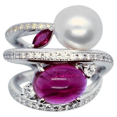 Matsuzaki Platinum 6.03ct Cabochon Tourmaline Pearl Diamond Ruby Cocktail Ring