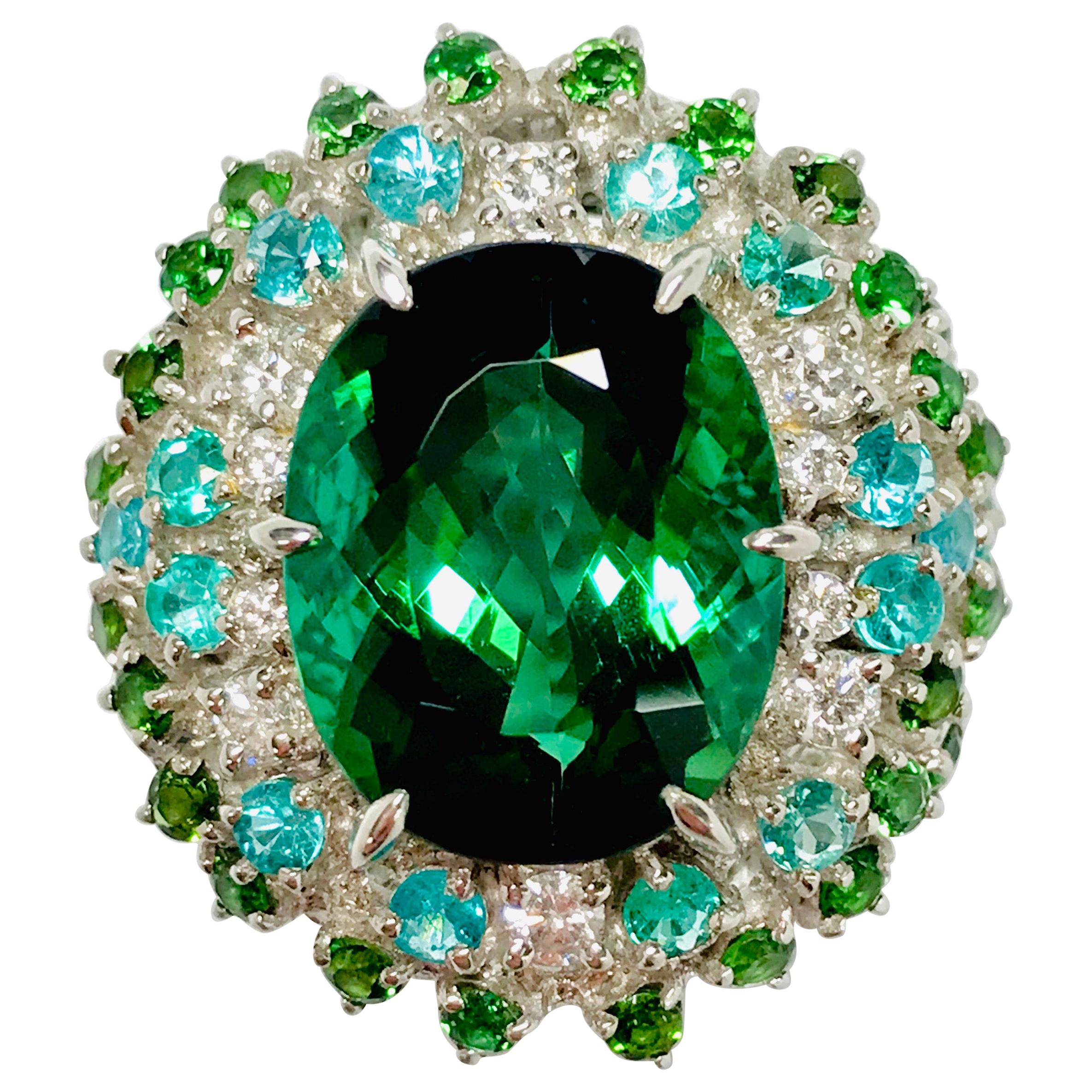 Matsuzaki Platinum 9.85 Carat Oval Green Tourmaline Paraiba Diamond Ring For Sale