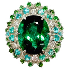 Matsuzaki Platinum 9.85 Carat Oval Green Tourmaline Paraiba Diamond Ring