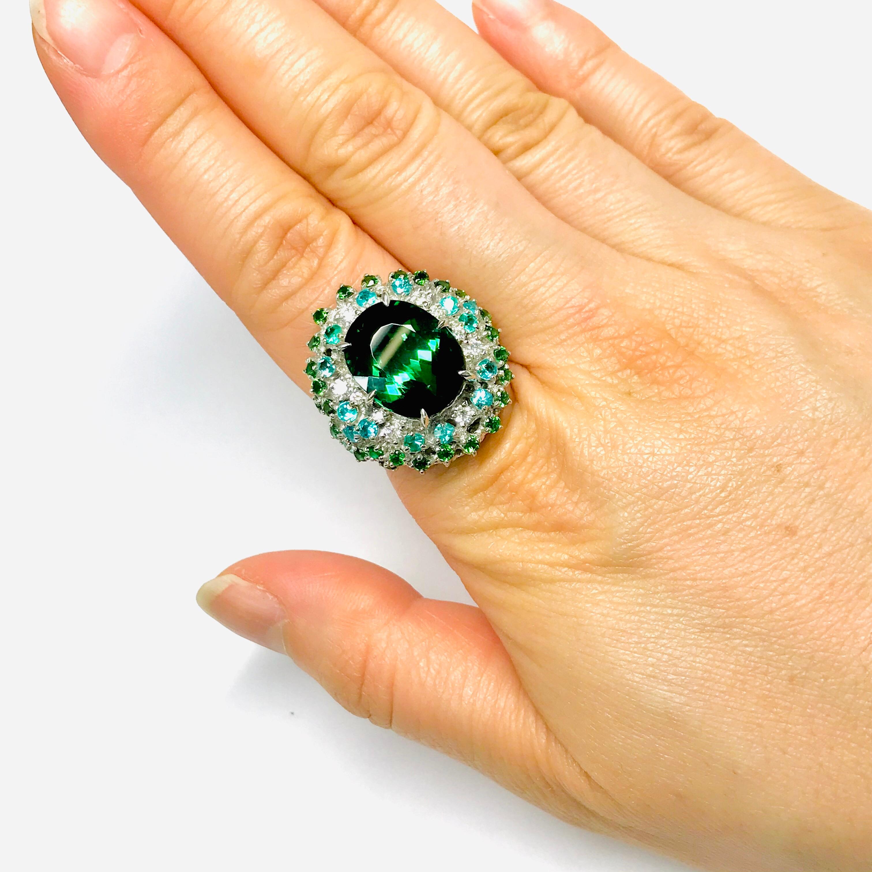 The list price includes the Japanese 10% Sales Tax.
All buyers outside of Japan will receive the tax exemption from the list price. 
Please inquire for details.

[Product Details]
PT900
OVAL GREEN TOURMALINE  9.85ct
GREEN TOURMALINE   0.93ct
PARAIBA