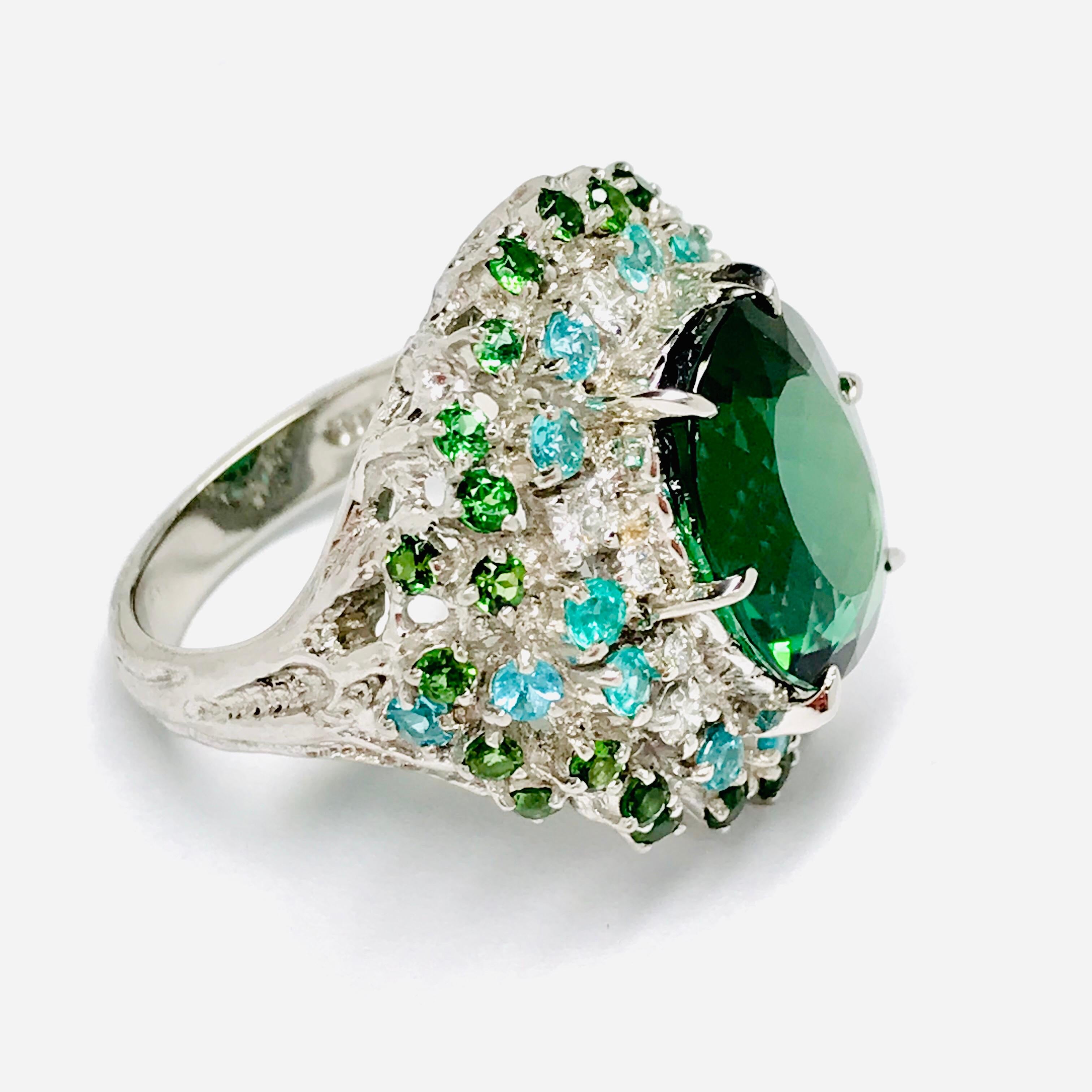 Artist Matsuzaki Platinum 9.85 Carat Oval Green Tourmaline Paraiba Diamond Ring For Sale