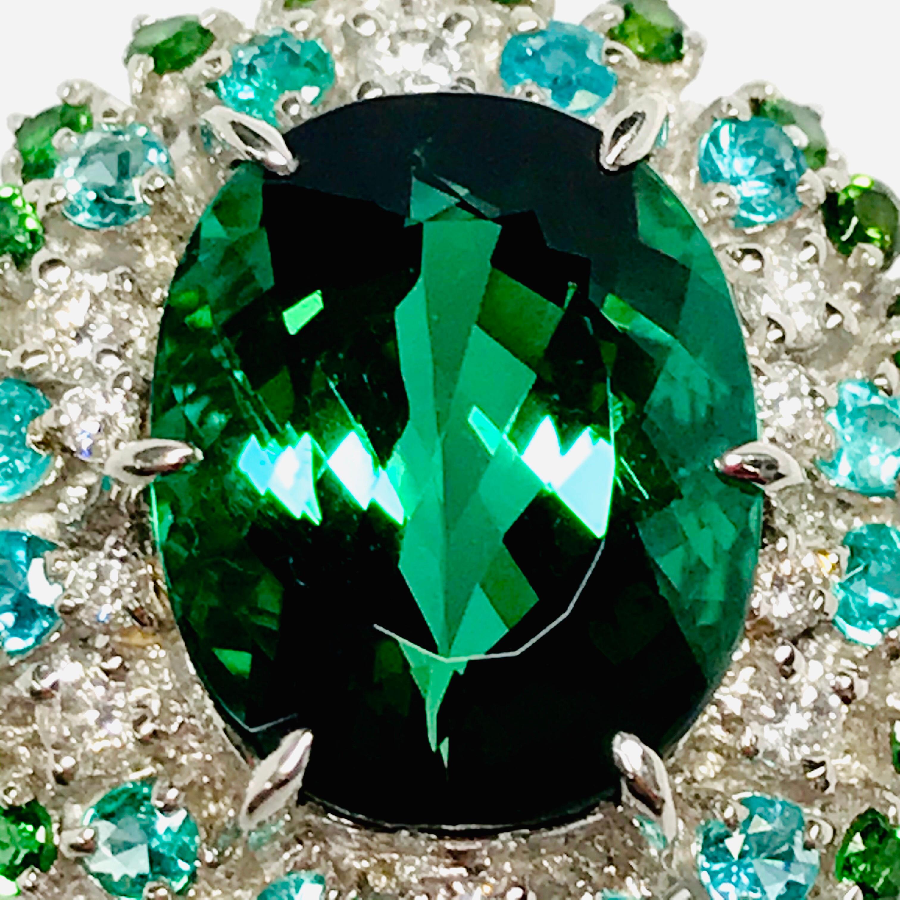Matsuzaki Platinum 9.85 Carat Oval Green Tourmaline Paraiba Diamond Ring For Sale 1